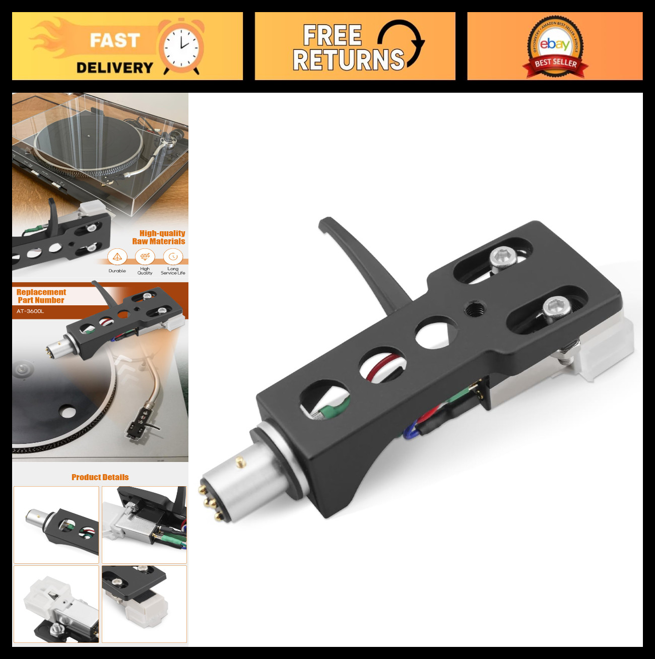 Universal Black Headshell & AT-3600L Magnetic Cartridge Stylus for Technics Turn