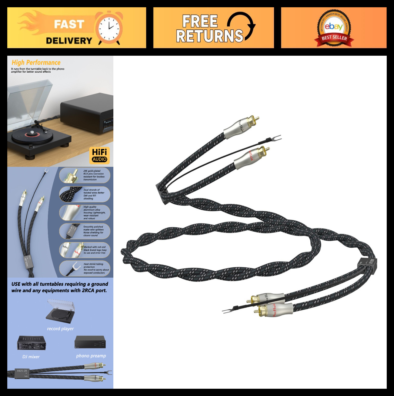 High-End 1.5M RCA Cable with Ground Wire, Gold Plated Dual Connectors for Turnta