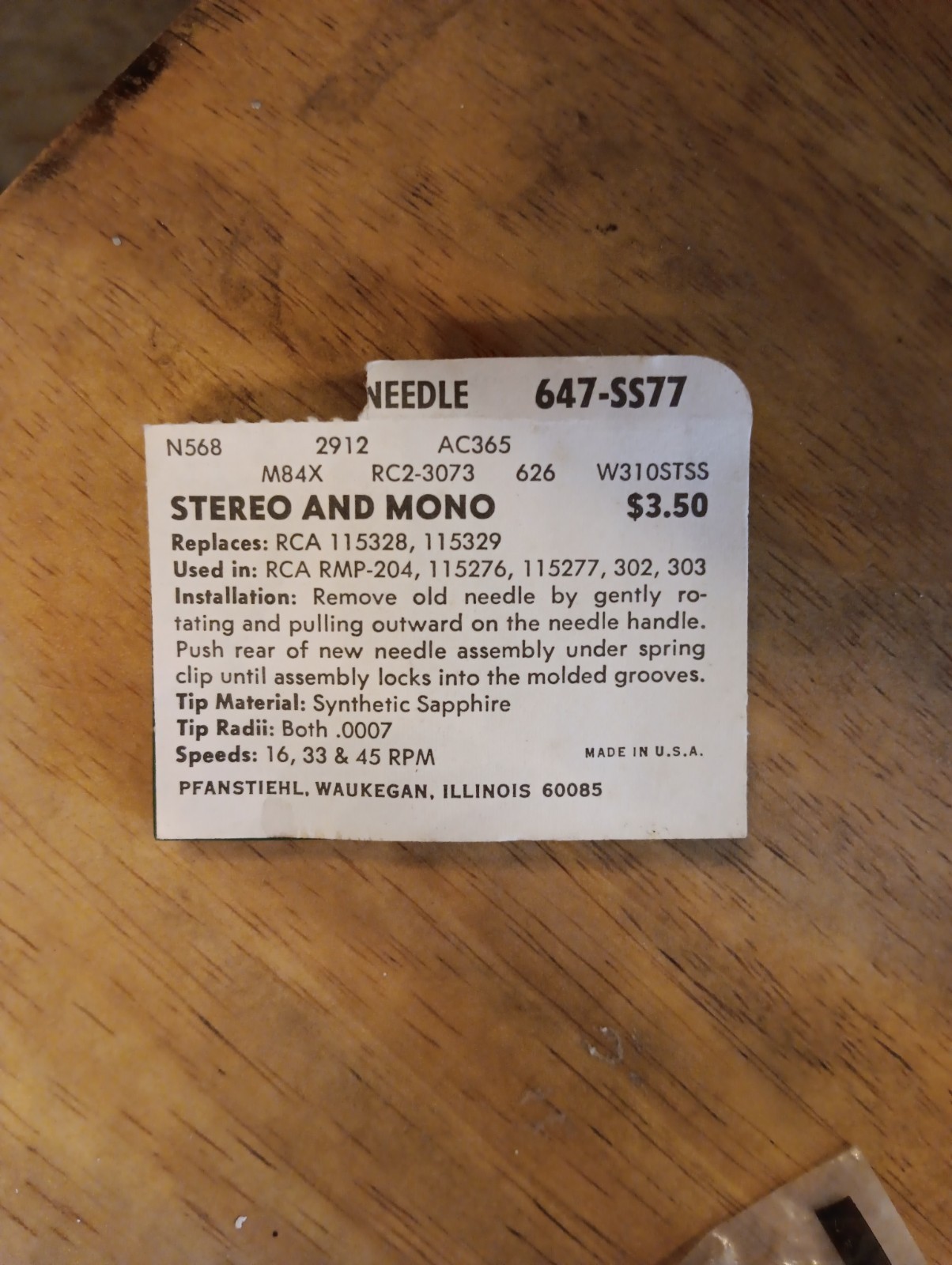 PFANSTIEHL Record Needle Sapphire #647-SS77, New Old Stock, Unopened
