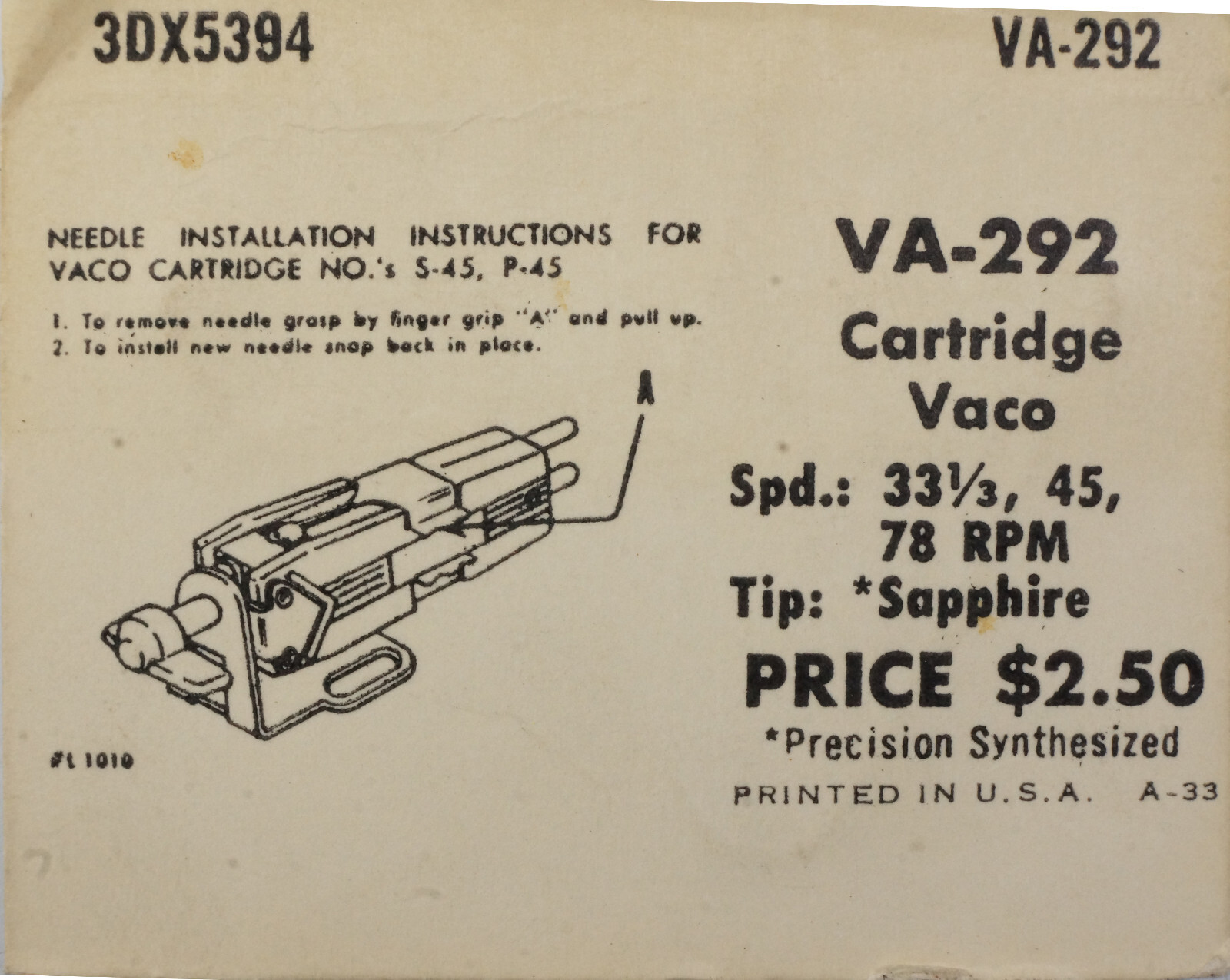 NOS Truetone VA-292 3DX5394 Needle for Vaco Varco S-45 P-45 33 1/3 45 78 RPM