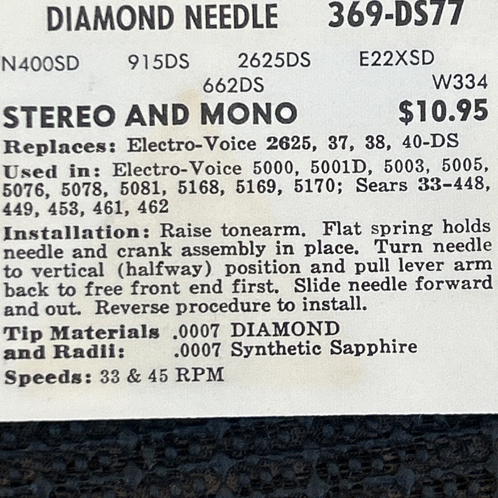 Zenith 369-DS77 Diamond Needle For Electro-Voice 5000 5001D Sears 33-448 Thru462