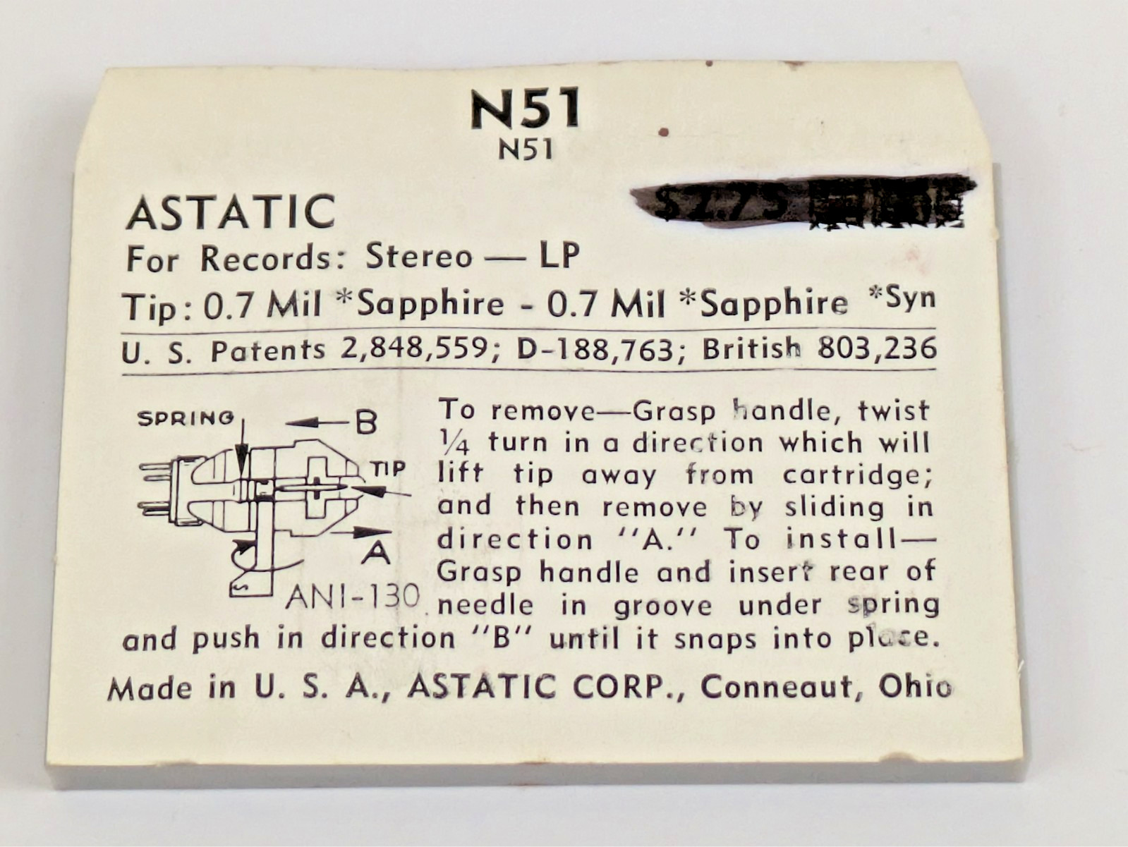 Astatic N51 Needle Record Player Stylus Sapphire Replacement Jensen A-95X N-51