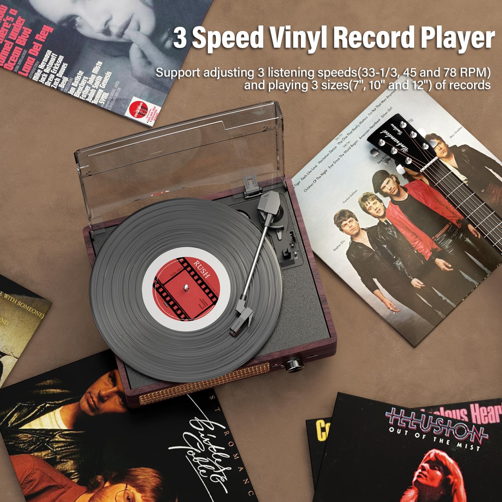 Vinyl Record Player Turntable with Built-in Bluetooth Receiver & 2 Brown