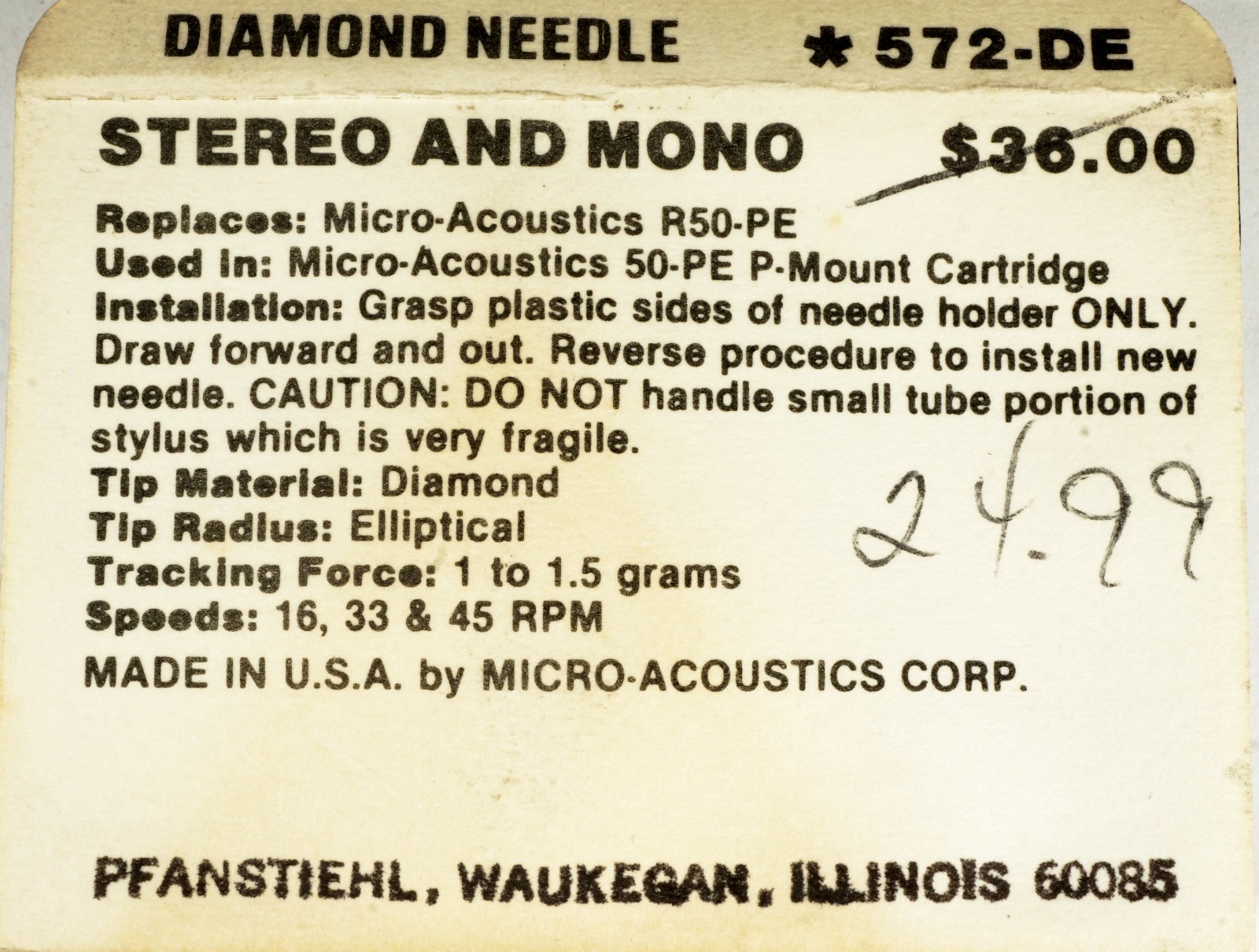 NOS Genuine Micro-Acoustics R50-PE Elliptical Diamond Needle Pfanstiehl 572-DE
