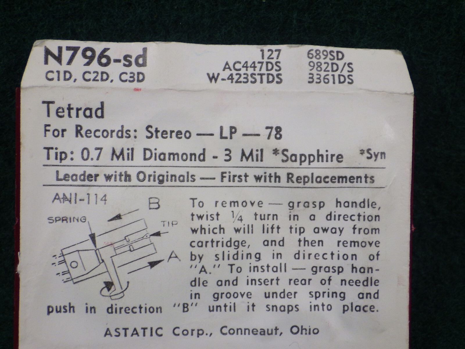 N796-sd STEREO RECORD NEEDLE for Tetrad C1D Tetrad C2D Tetrad C3D M853-DS73