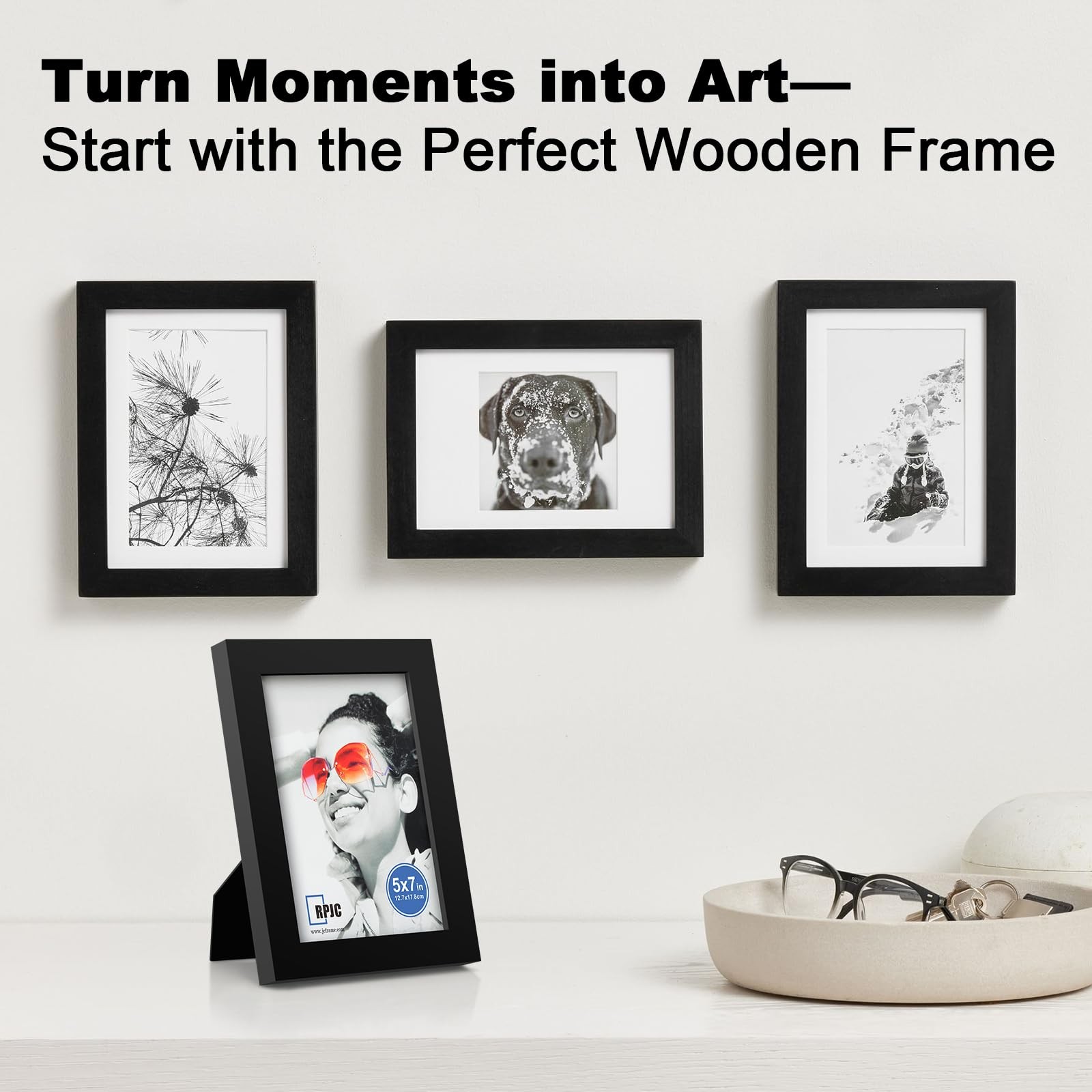 RPJC 5×7 Picture Frame Solid Wood, Fits 4×6 with Mat or 5×7, Black