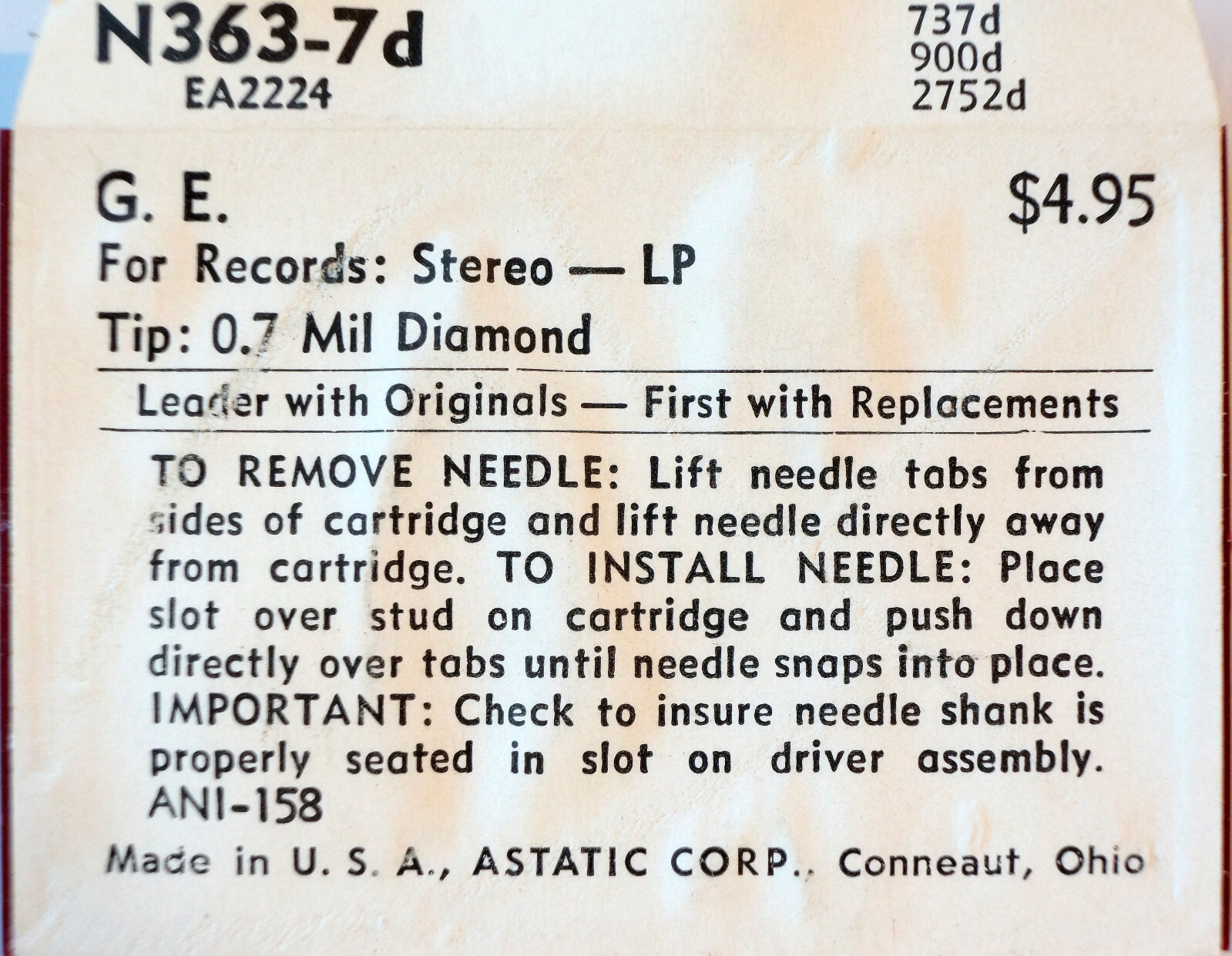NOS Astatic Diamond Needle N363-7d for GE EA2224 737D 900D 27524D