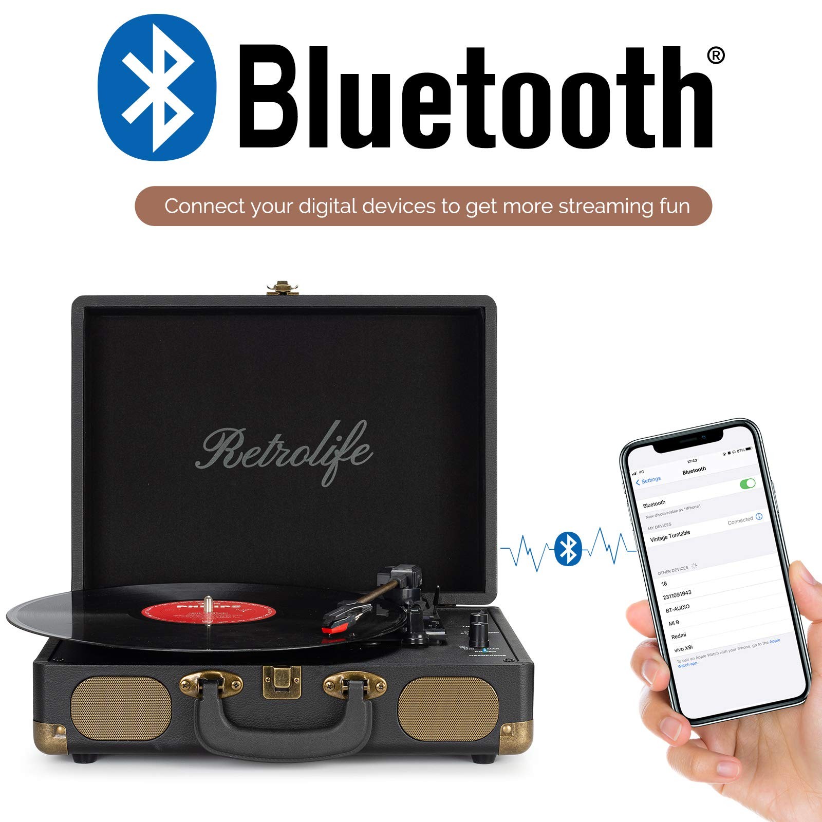 Vinyl Record Player 3-Speed Bluetooth Suitcase Portable Belt-Driven Black