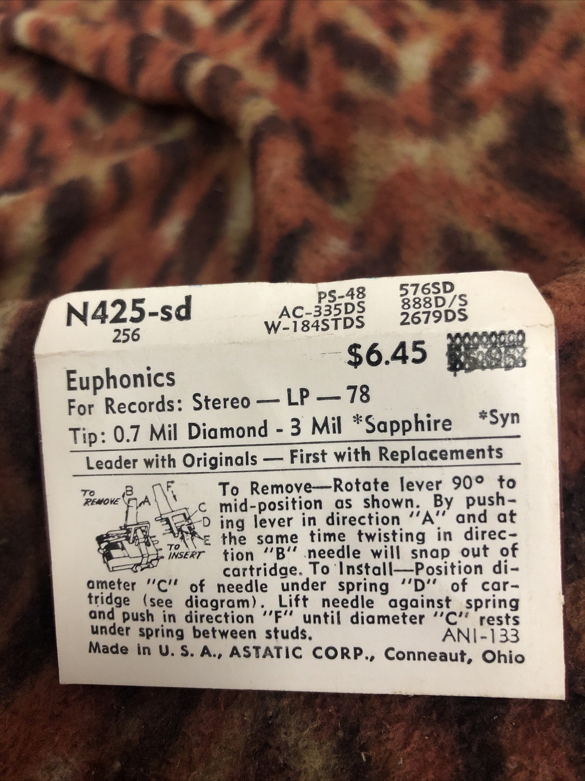 Astatic N425-sd Diamond Needle .7 Mil 3 Euphonics Sapphire Stereo LP 78