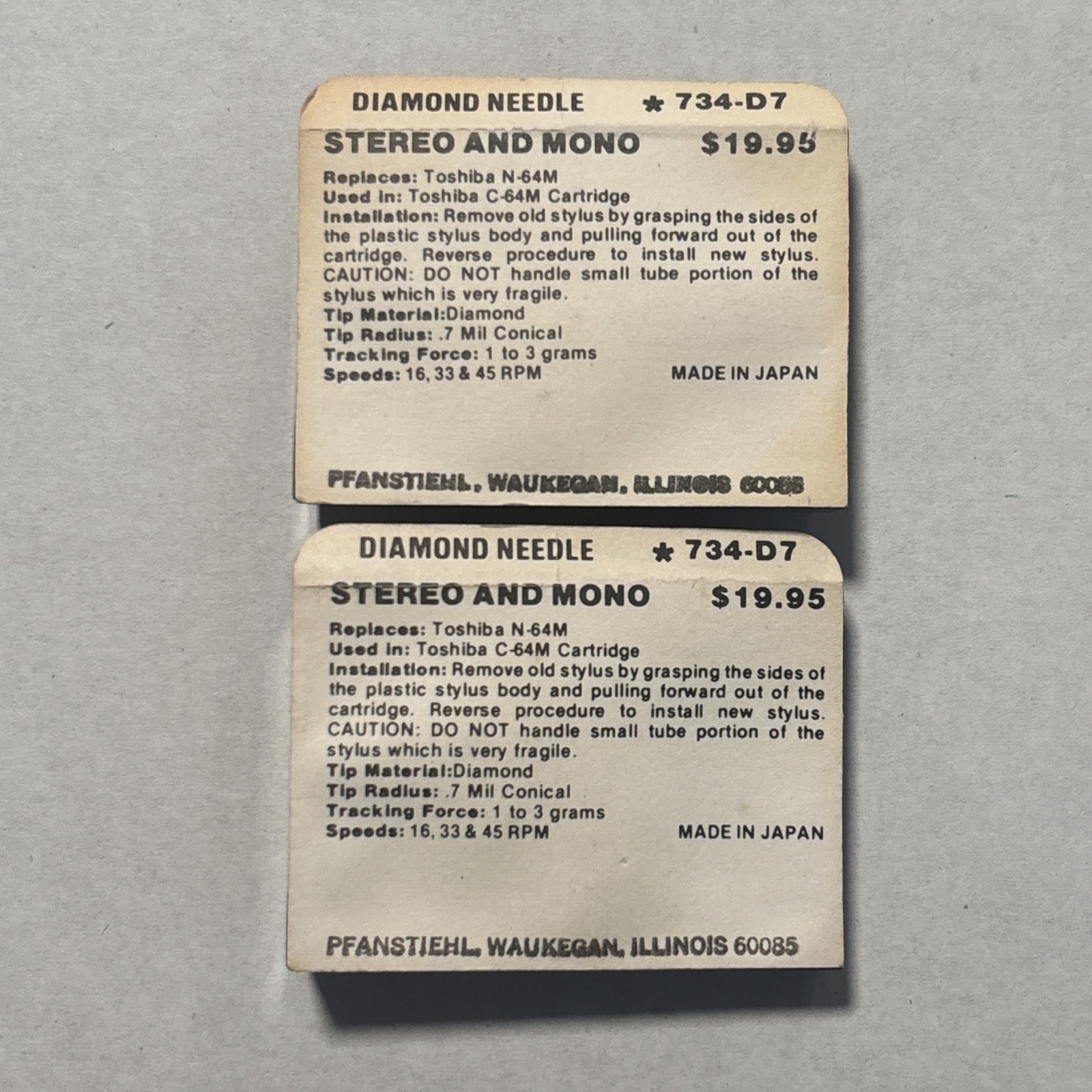 Pfanstiehl 734-D7 Diamond Stylus Replaces TOSHIBA N-64M For C-64M NOS Lot Of 2