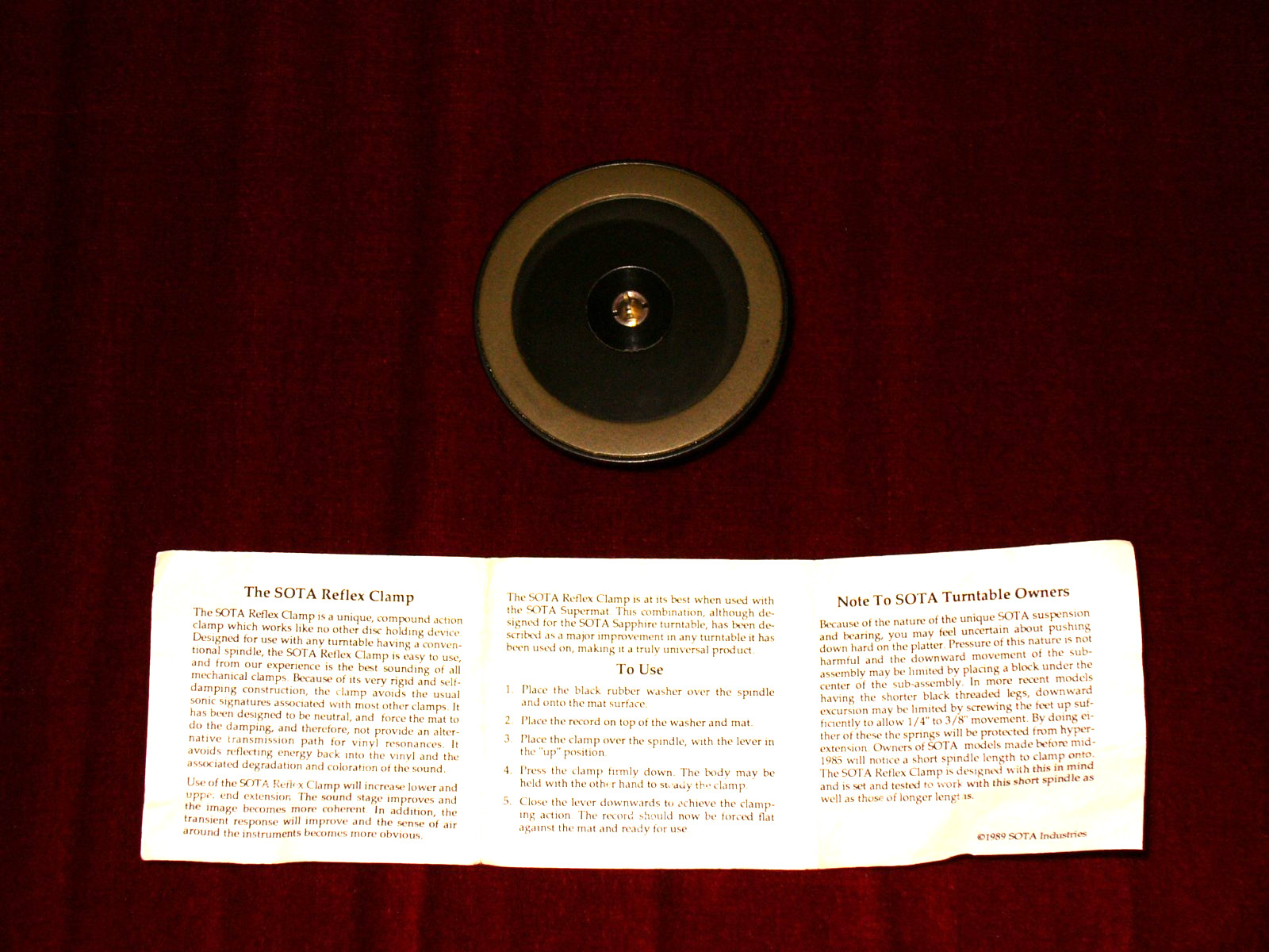 ORIGINAL SOTA REFLEX-CLAMP RECORD CLAMPING DEVICE BRAND NEW & INSTRUCTION MANUAL