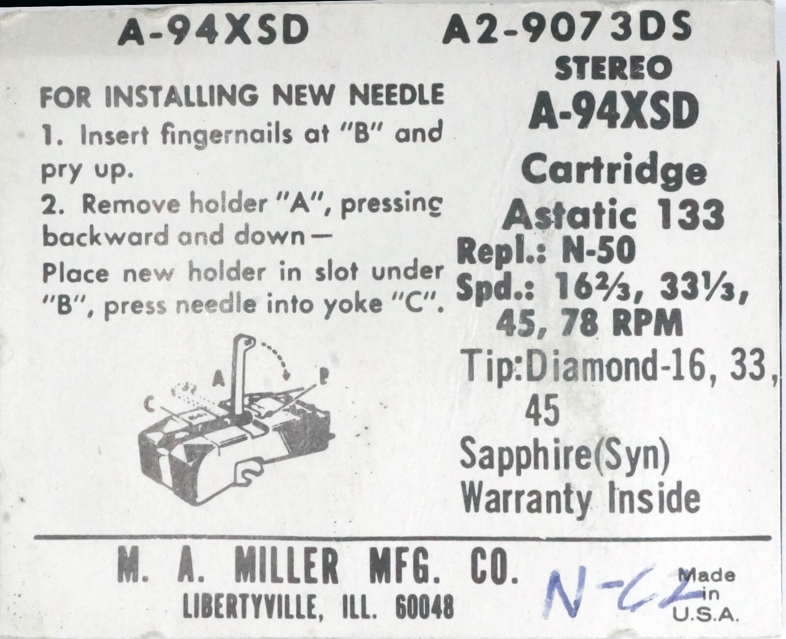 NOS Miller A-94XSD DIAMOND Needle for Astatic 133 N50-sd N50