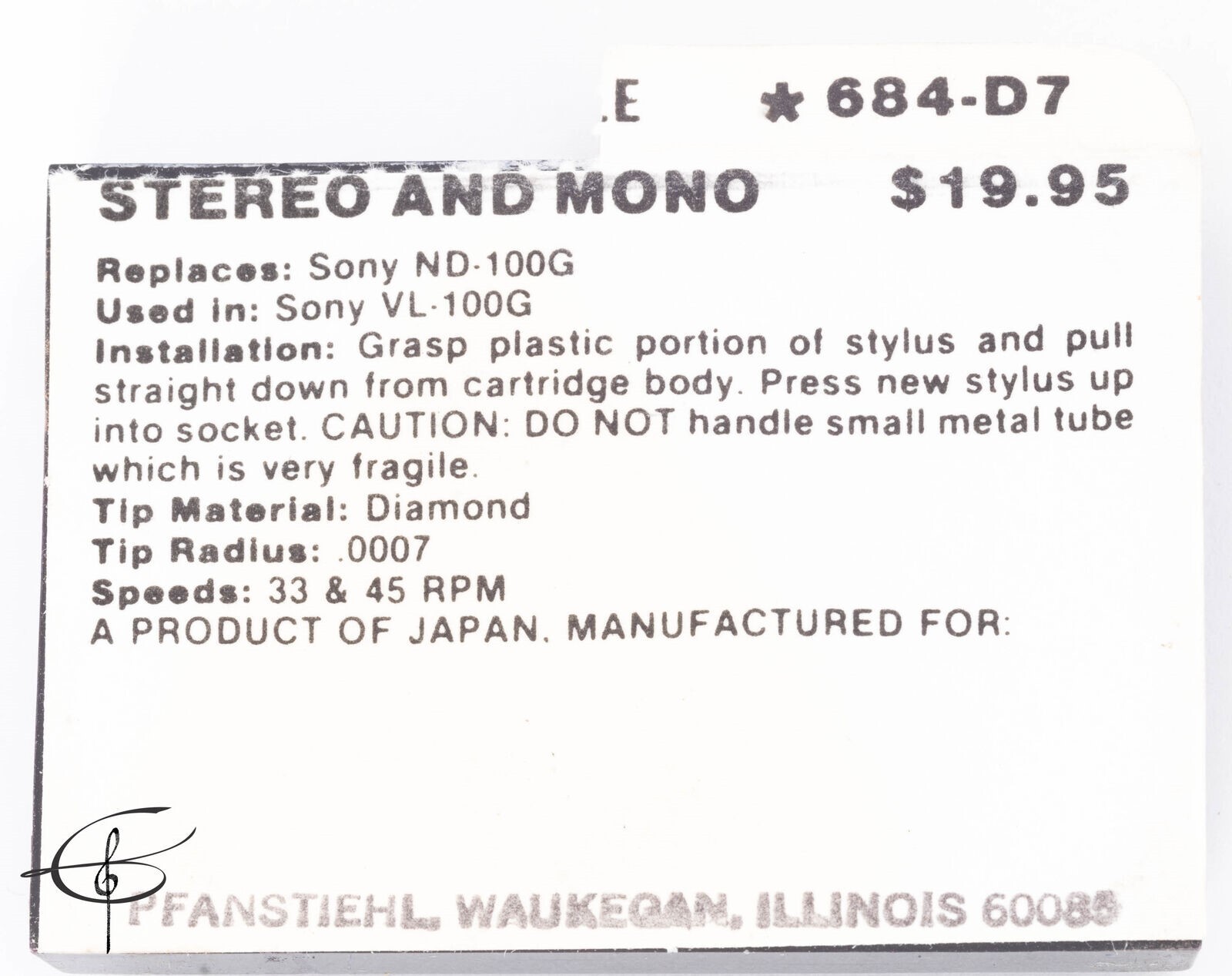 Record Player Phonograph Needle Stylus Pfanstiehl 684-D7 Sony ND-100G