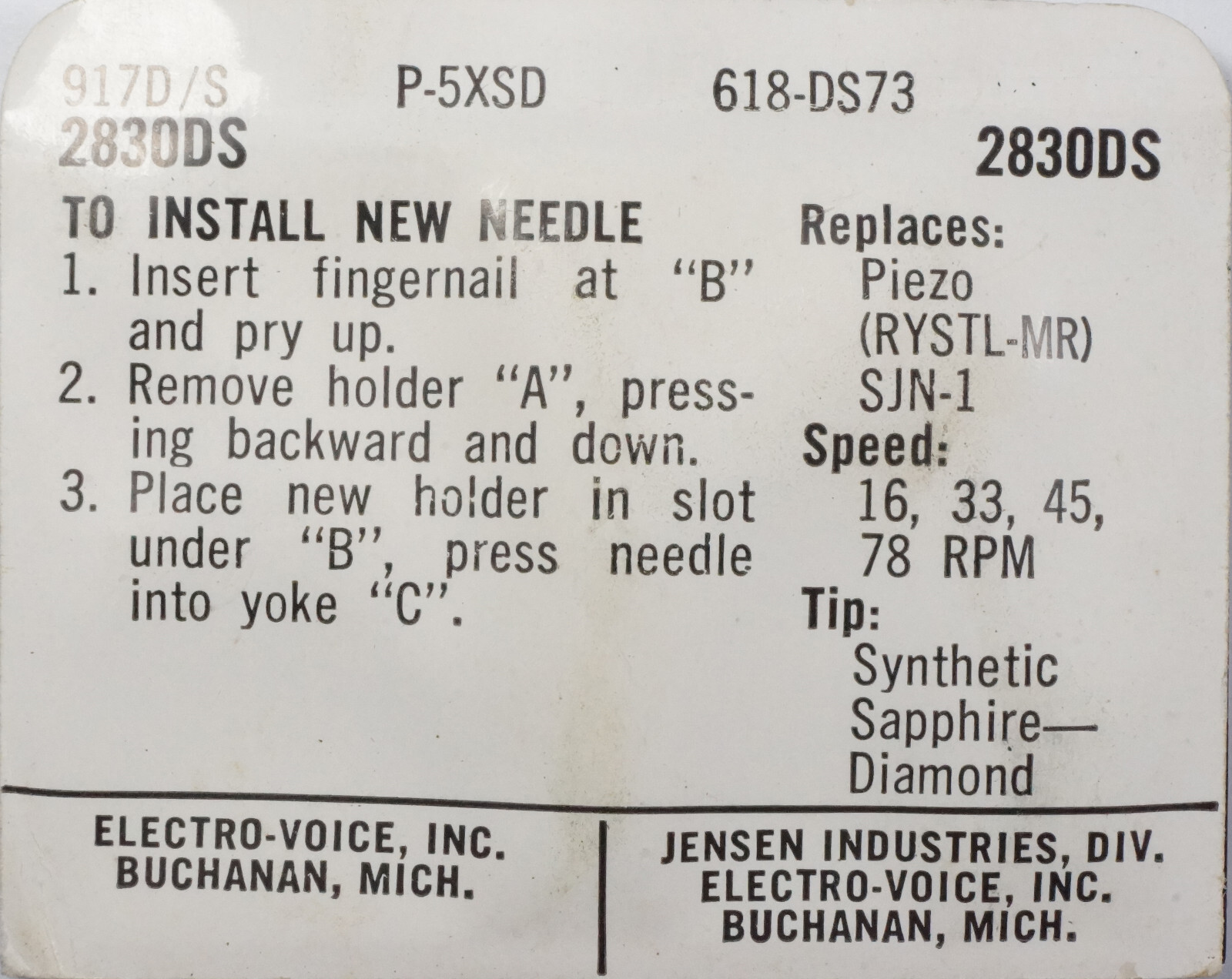 NOS Electro Voice EV 2830DS Diamond Needle for PIEZO RYSTL-MR SJN-1