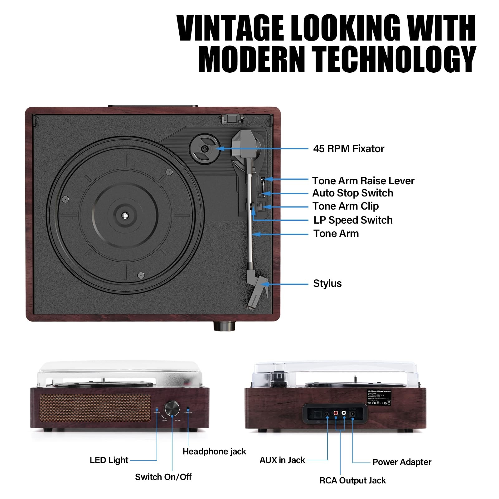 Vinyl Record Player Turntable with Built-in Bluetooth Receiver & 2 Brown