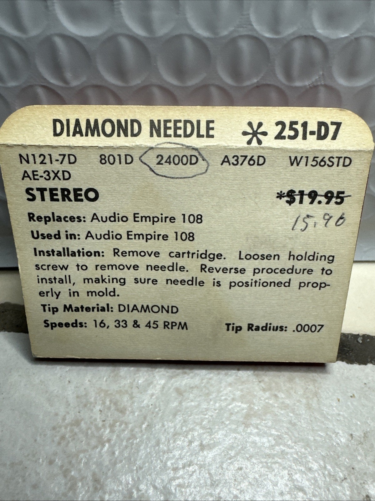 Pfanstiehl 251-D7 Diamond Stylus Replaces Audio Empire 108 – NOS