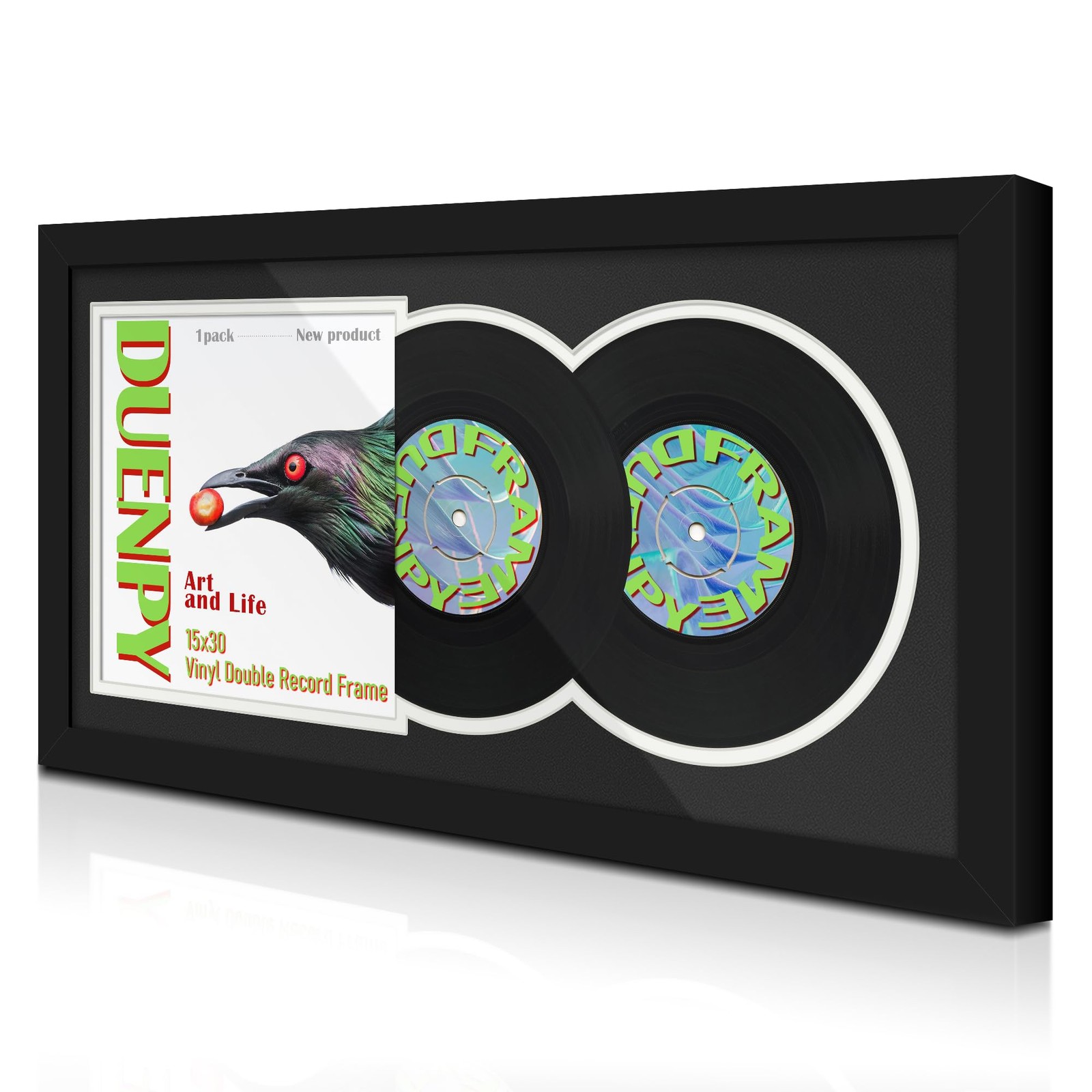 DUENPY Vinyl Record Display Frame 15.1×30 Inches 15.1×30, Black White Mat