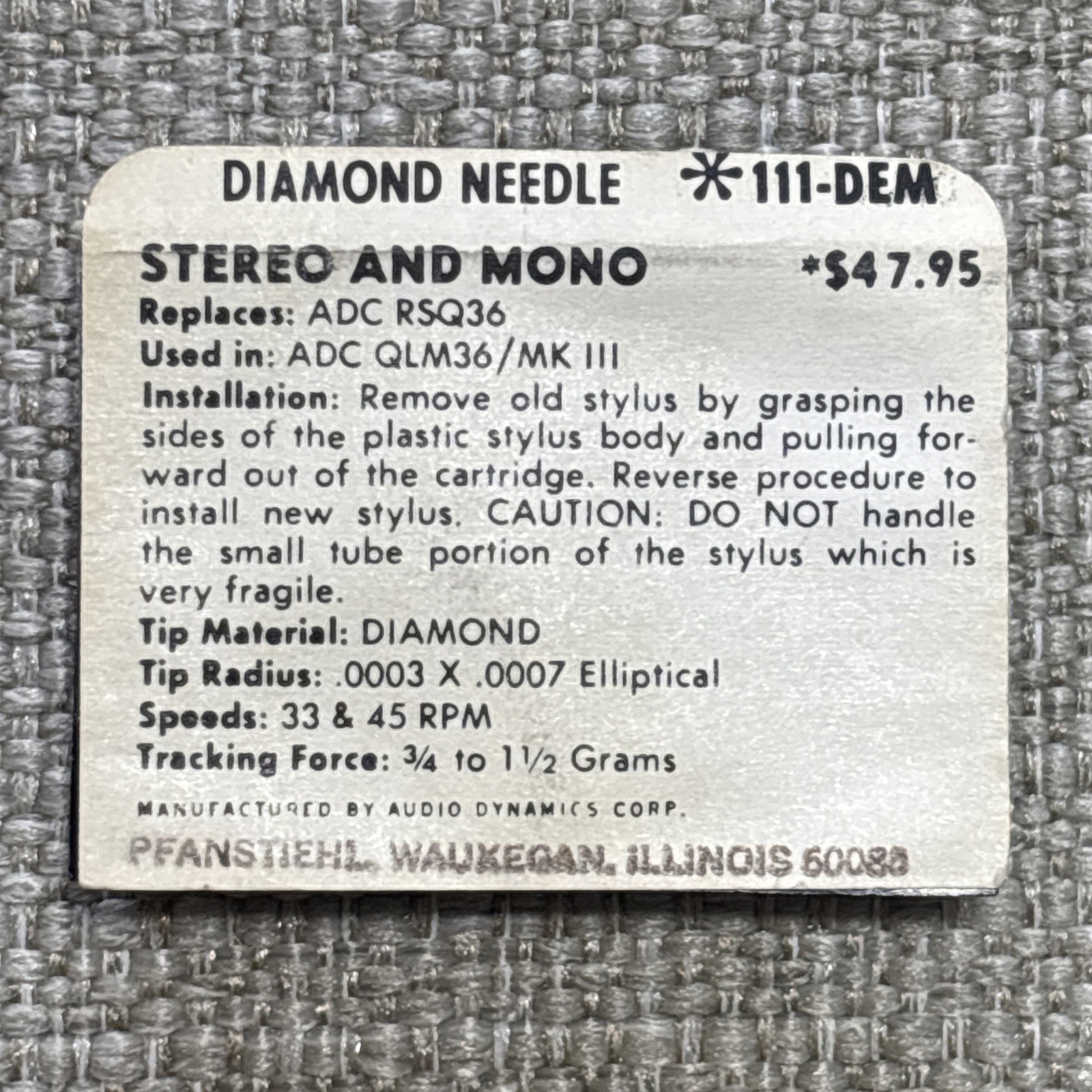 Pfanstiehl 111-DEM Diamond Elliptical Stylus Replaces ADC RSQ36 QLM36 Mk III NOS