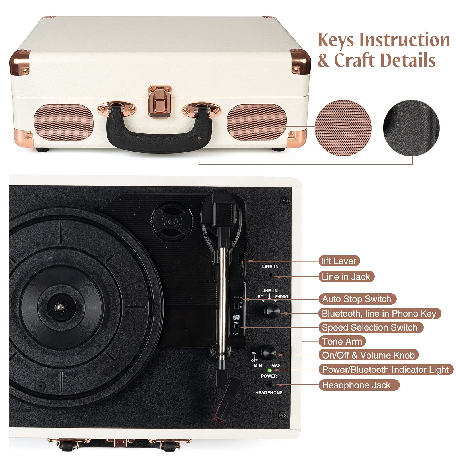 Turntable Vinyl Record Player 3-Speed Suitcase Portable Belt-Driven White