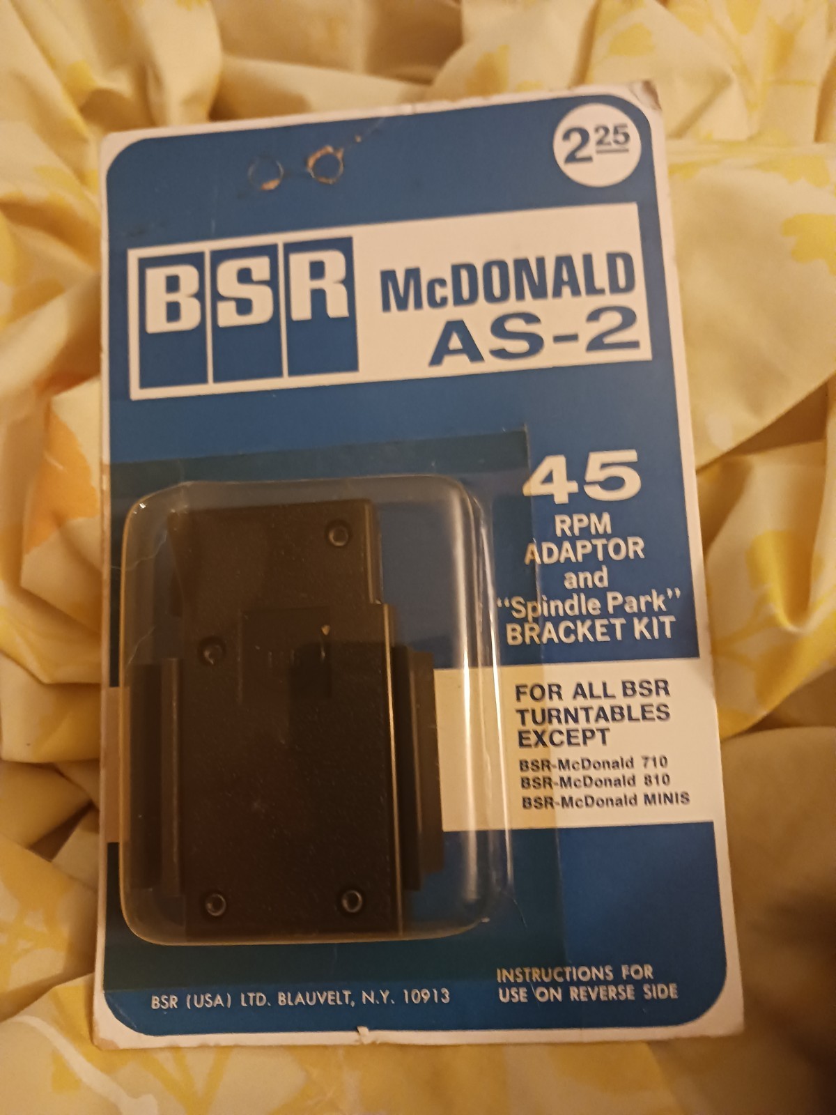 Vtg BSR McDonald As-2 On Card 45 Rpm Adapter And Spindle Park Bracket Kit Holder