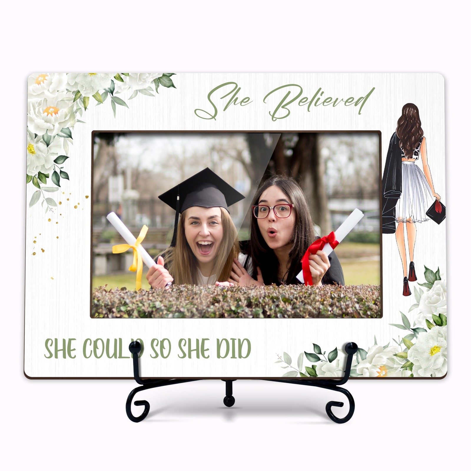 Graduation Picture Frame 4×6, She Believed She Could So She Did, Greenery Wooden