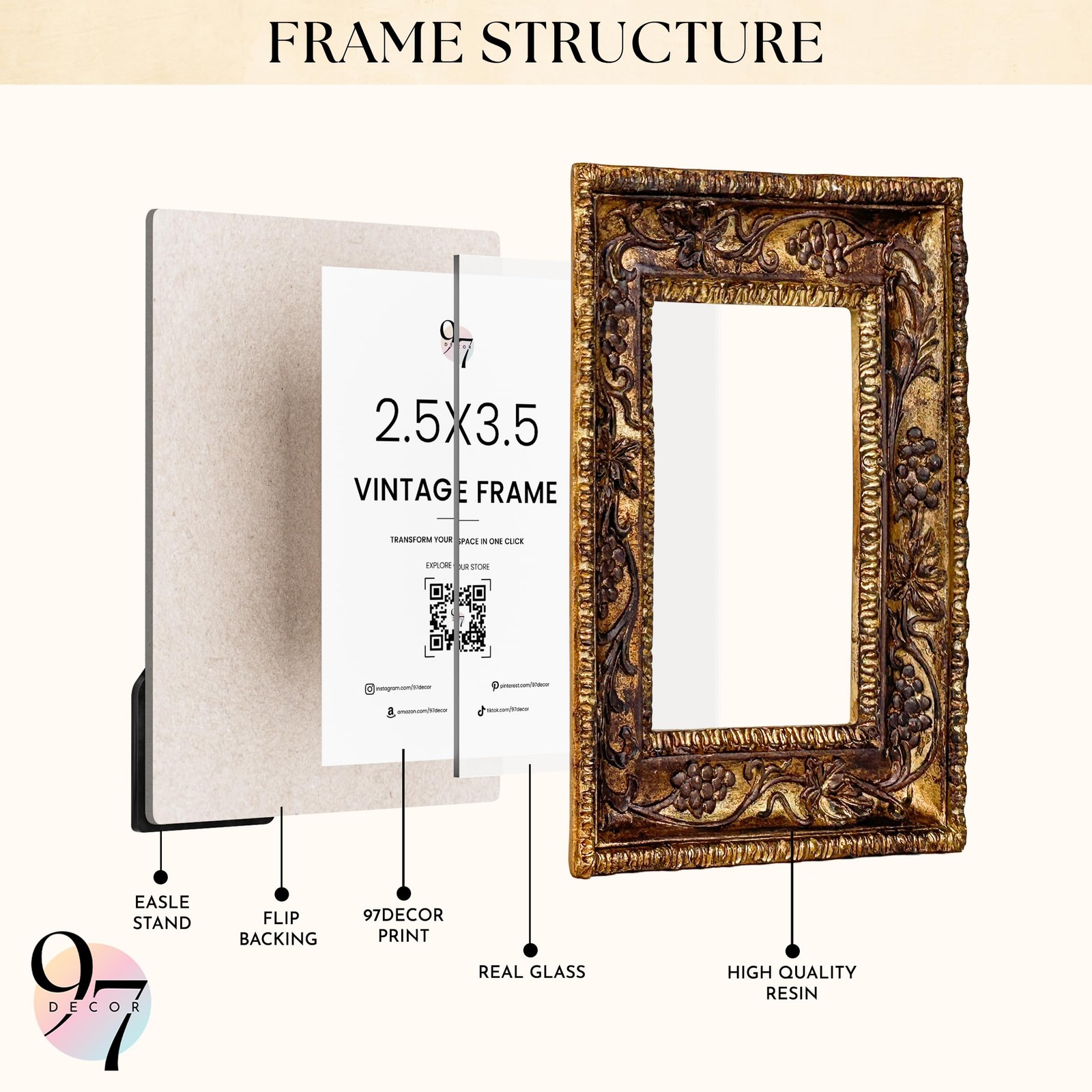 97 Decor Small Vintage Picture Frames 2.5×3.5 – 2.5×3.5, Victorian Rectangle