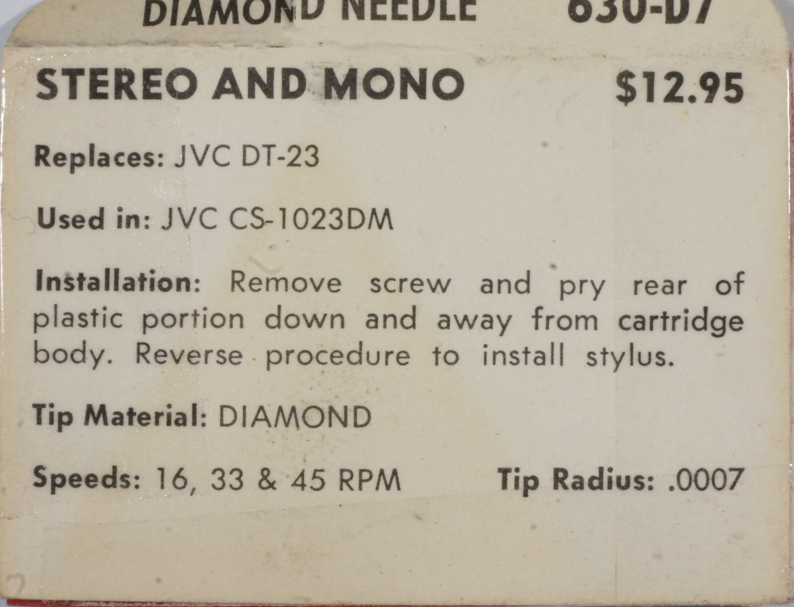 NOS SUPERB 630-D7 Diamond Needle for JVC DT-23 CS-1023M