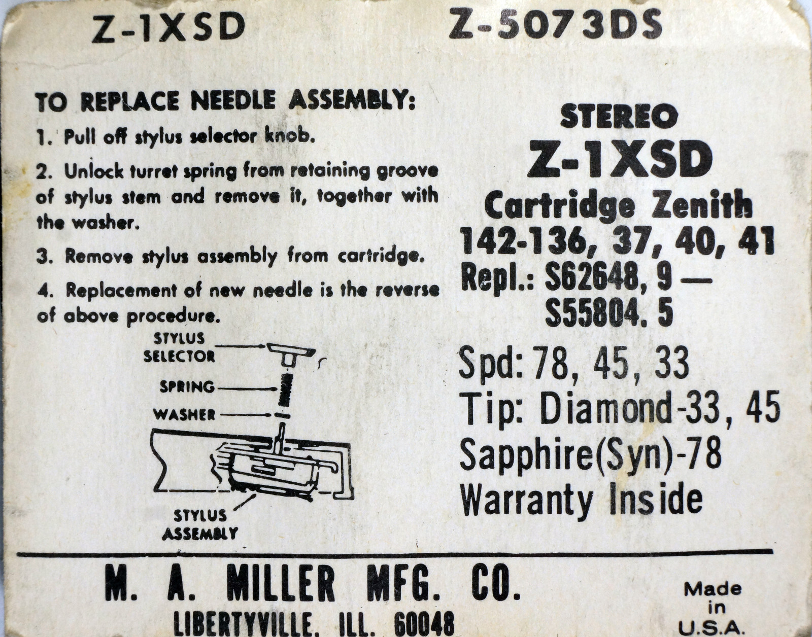 NOS Miller Z-1XSD Z-5073DS DIAMOND Needle for ZENITH 142-136 137 140 141 S62648