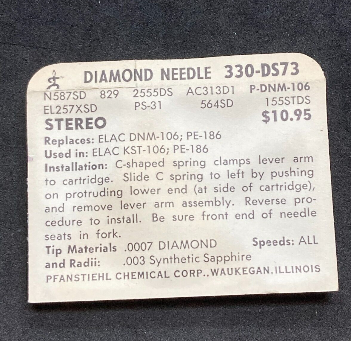 PFANSTIEHL Record Needle Diamond #330-DS73, New Old Stock, Unopened
