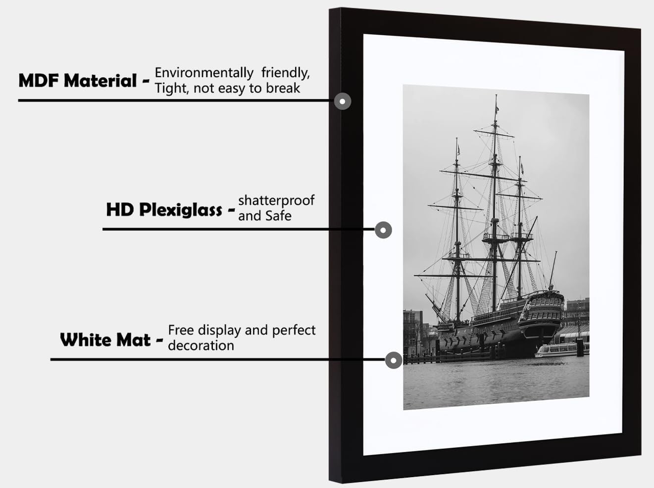 PEALSN 9×12 Picture Frame, Display Pictures 6 x 8 with Mat or 9 x 9×12, Black