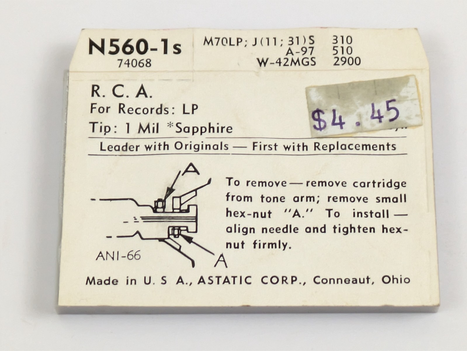 Astatic N560-1s RCA 74068 Needle Record Player Stylus Sapphire A-97 310 510 2900
