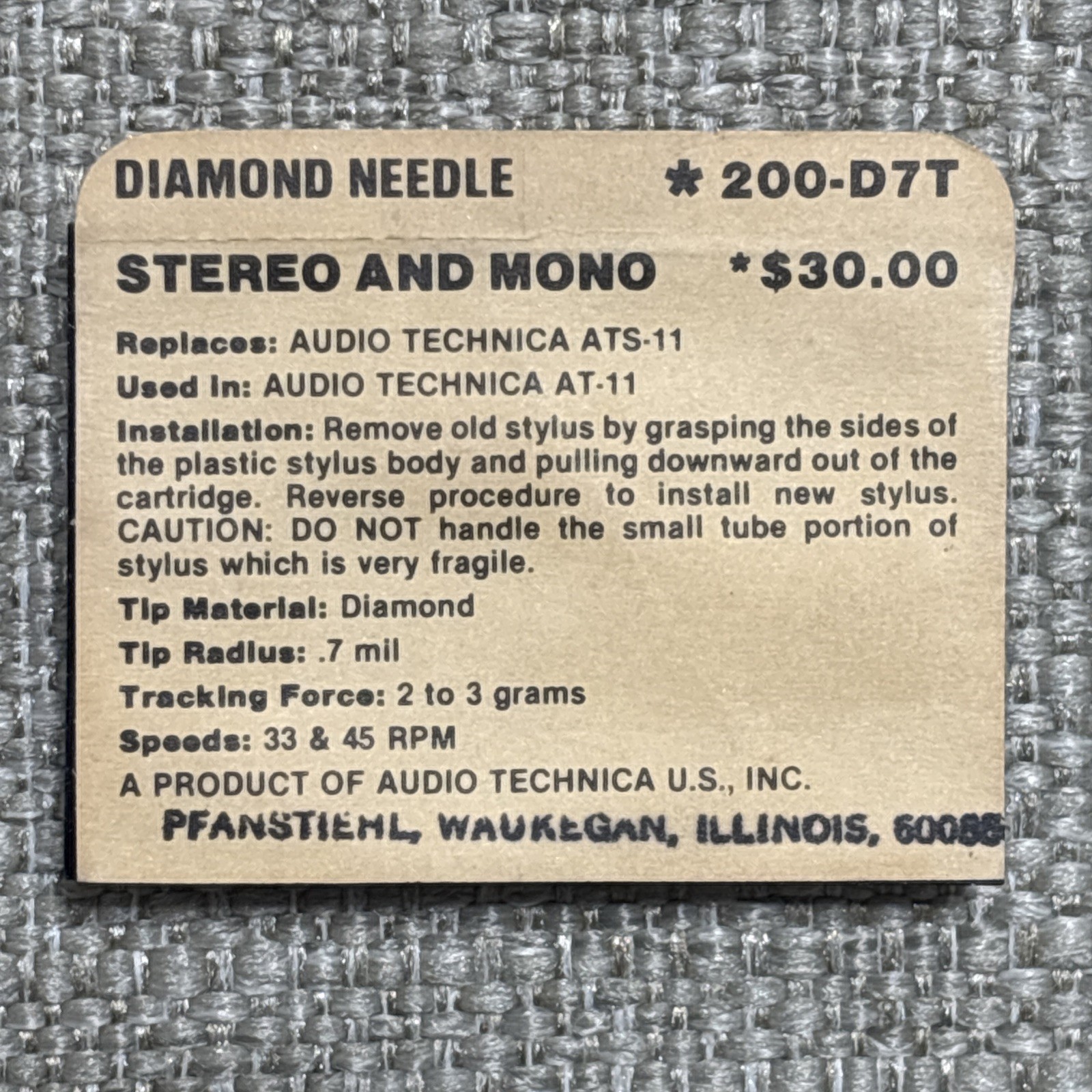 Pfanstiehl 200-D7T Diamond Stylus Replaces Audio Tehcnica ATS-11 For AT-11 – NOS