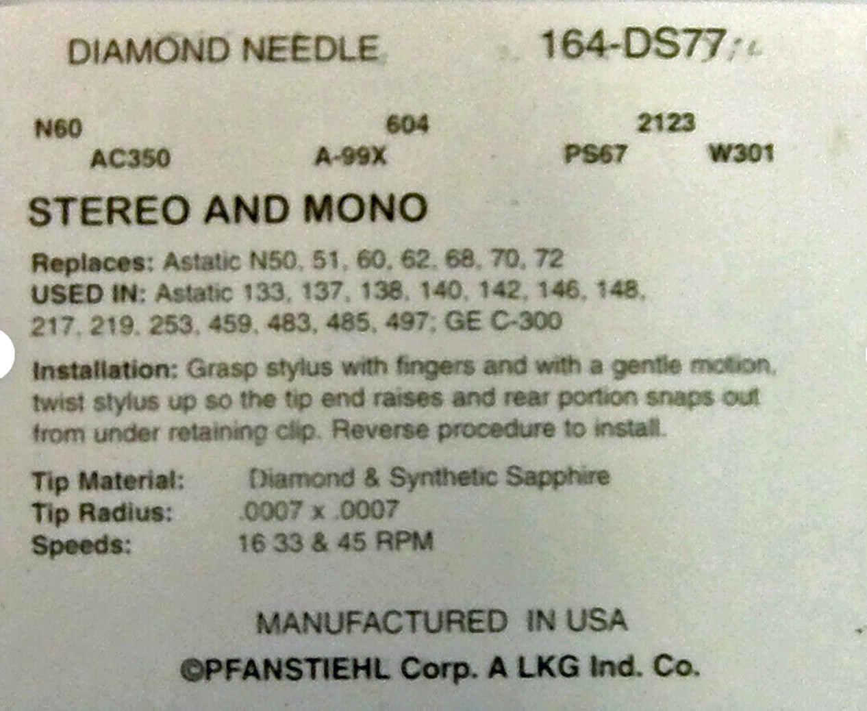 RECORD PLAYER NEEDLE Astatic N50-sd N51 N60-sd Astatic N62-sd N68-SD ASTATIC 133