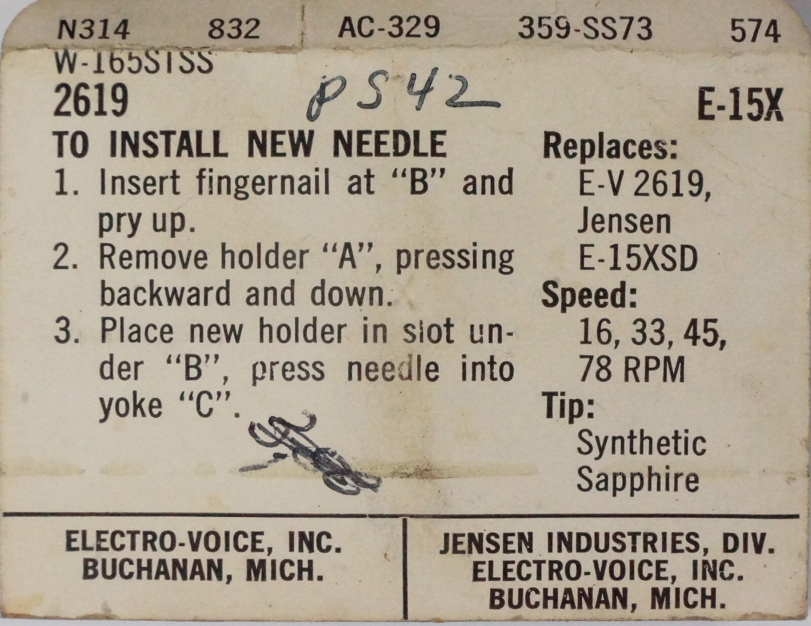 NOS Electro Voice 2619 Needle FOR EV 132 132D 163 163D 359-SS73 N314 AC-329