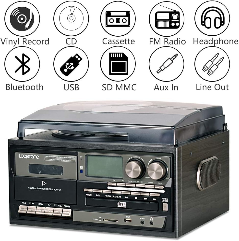 LoopTone Vinyl Record Player 9 in 1 3 Speed Bluetooth Vintage Turntable Black