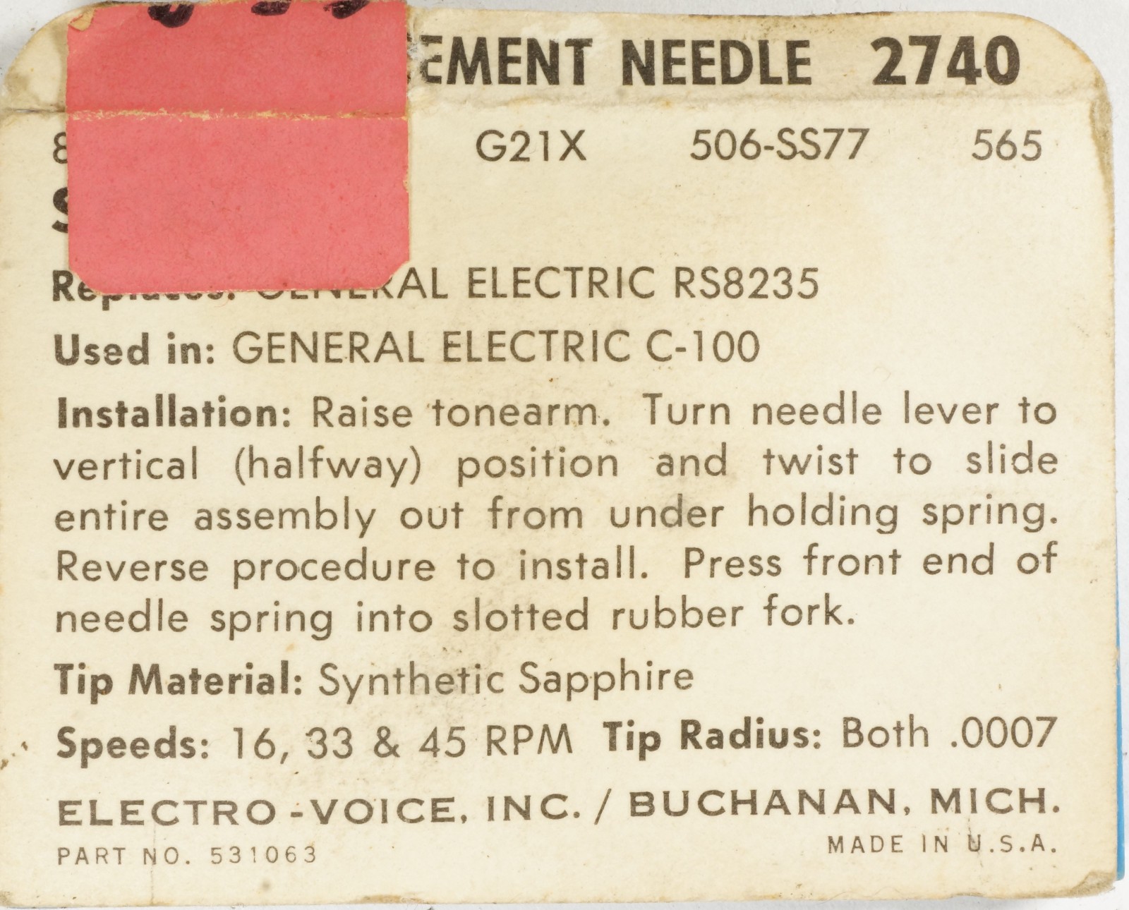 NOS Electro Voice EV 2740 Needle for General Electric RS8235 C-100