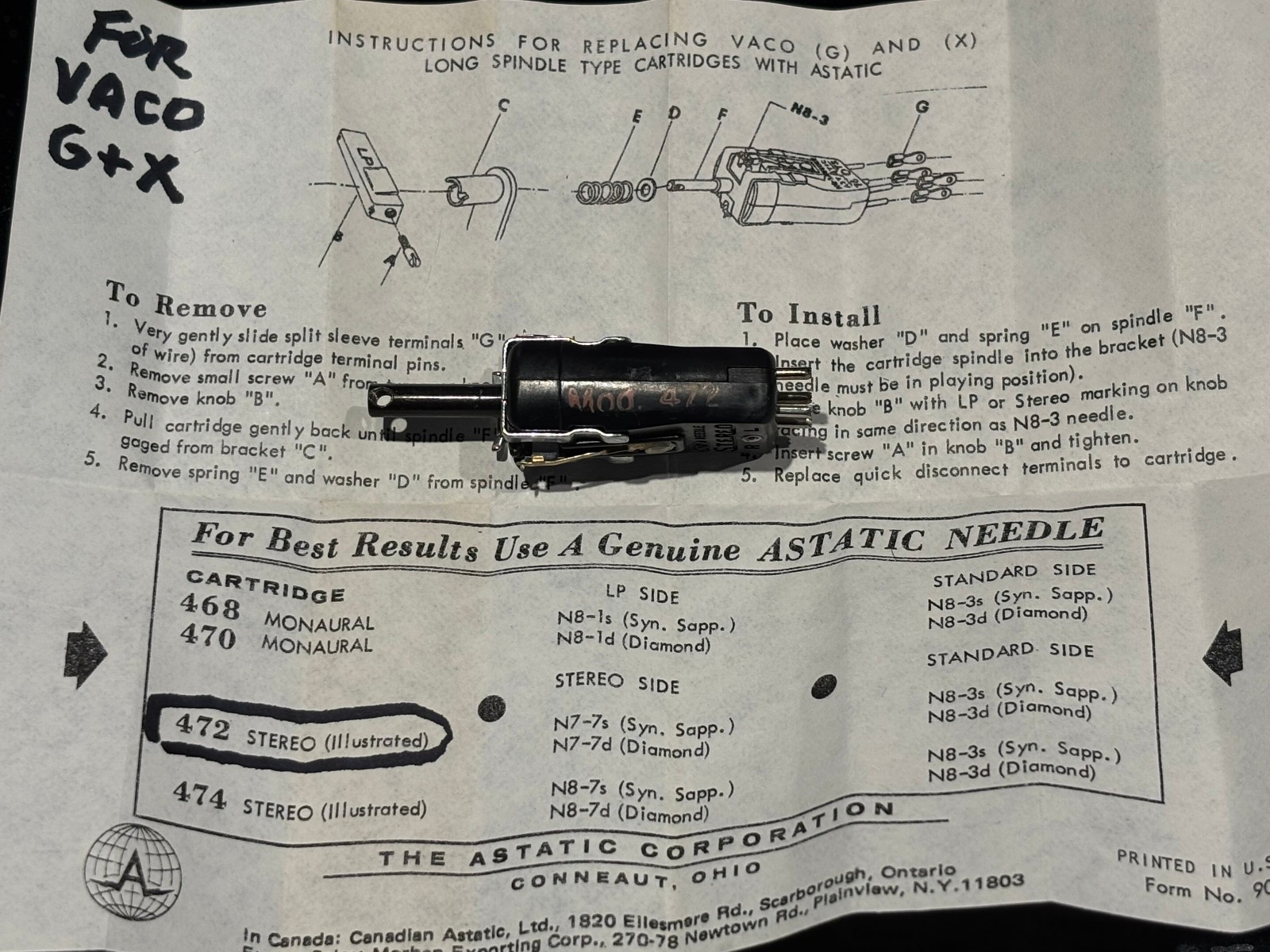 Astatic 472 PHONOGRAPH CARTRIDGE NEEDLE