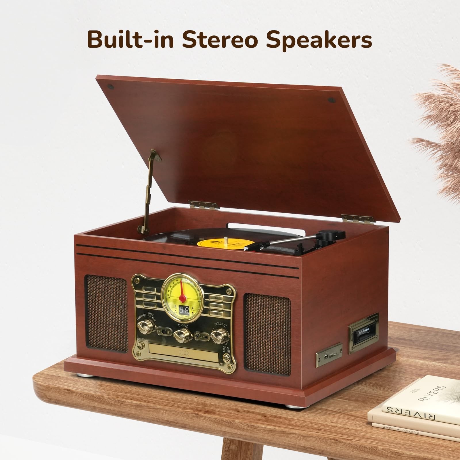 FEKTIK Bluetooth Record Player 10 in 1, 3-Speed Turntable for Vinyl Mahogany