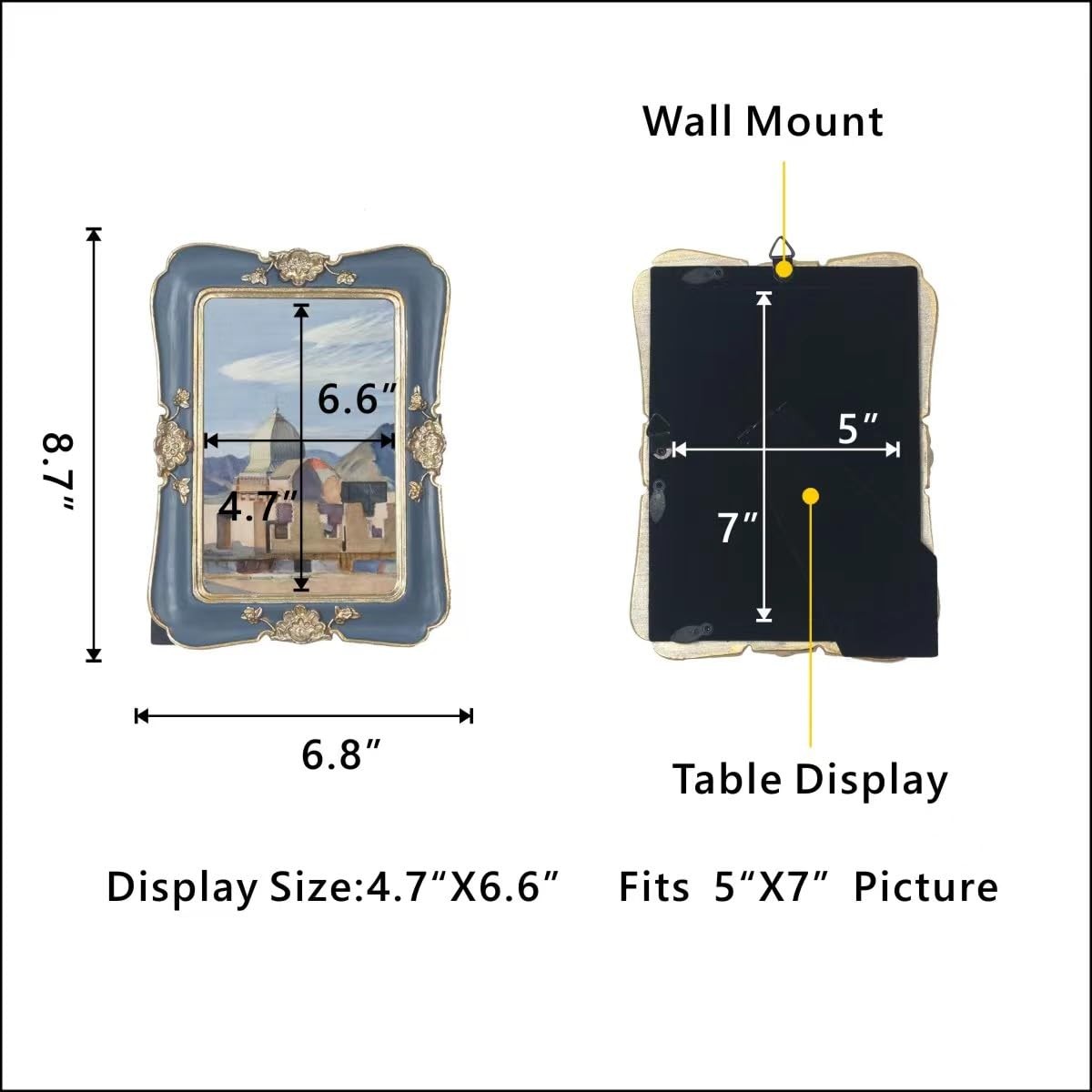 WINPLUS+ Vintage Picture Frame 5×7, Wall Mount and Tabletop Blue Gold