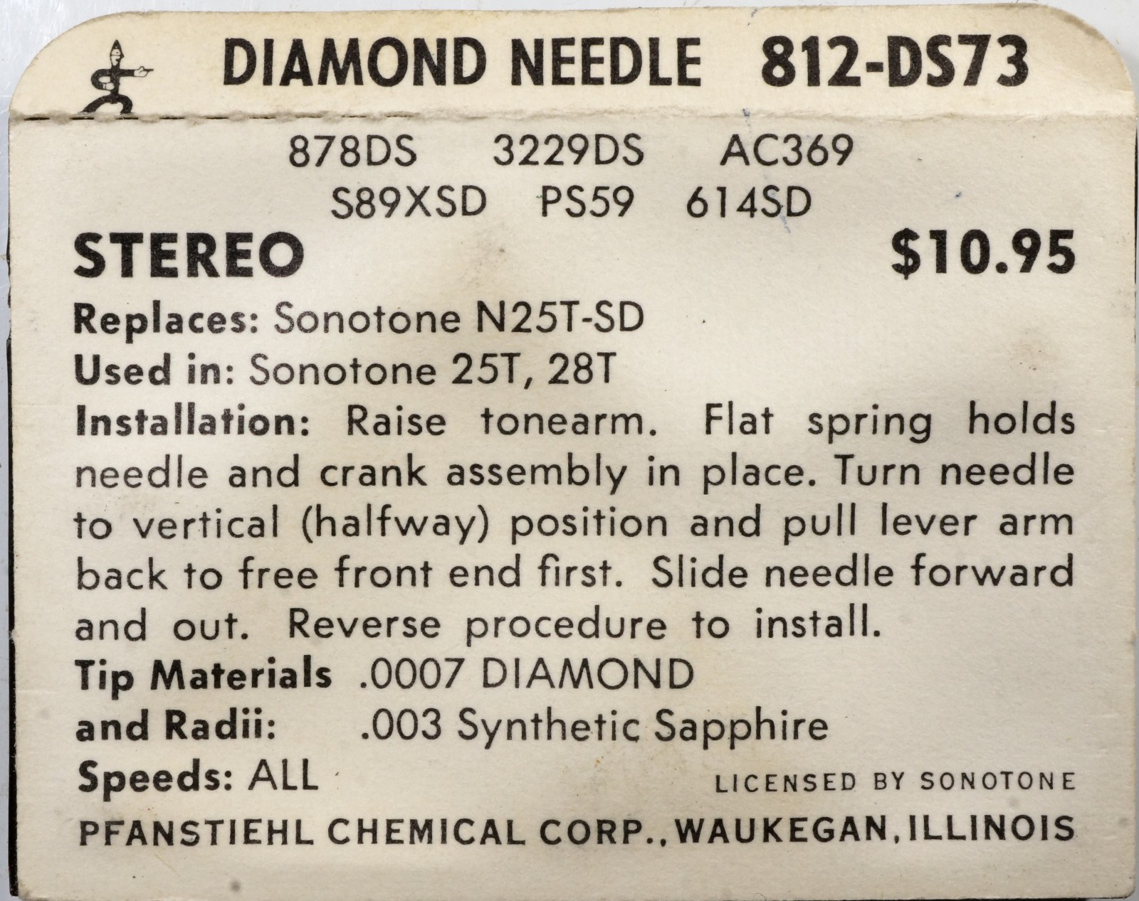 NOS Pfanstiehl 812-DS73 Diamond Needle for Sonotone N25T-SD 25T 28T