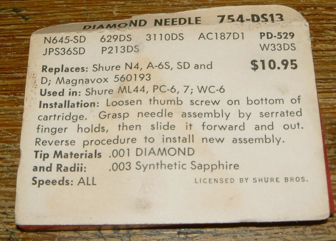 Record Needle for SHURE A6SD, S, in PC-6,-7 WC-6, EV3110DS N645-sd 754-DS13