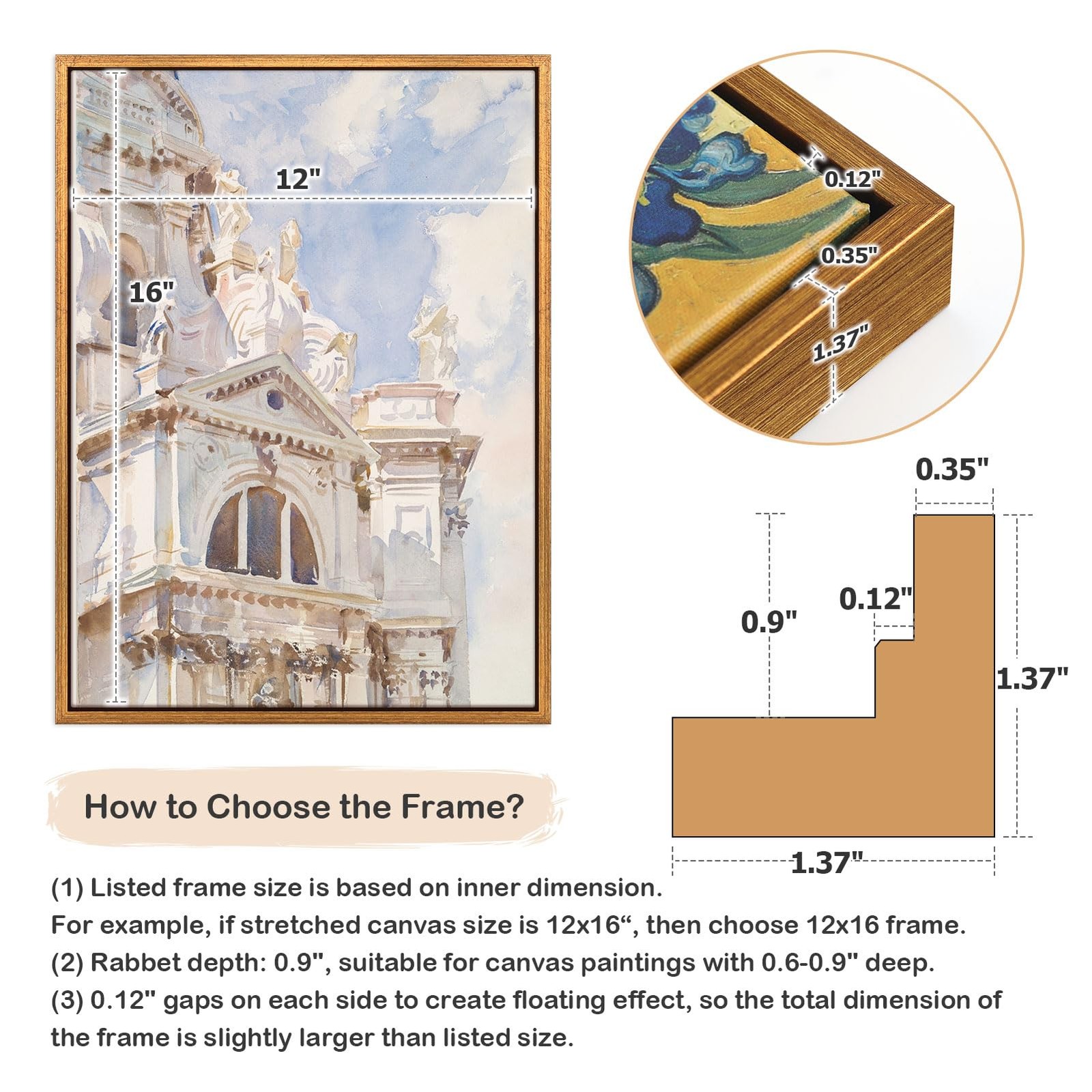 FOLKOR Gold Floating Frame for 16×20 Canvas Oil 16×20″, Vintage
