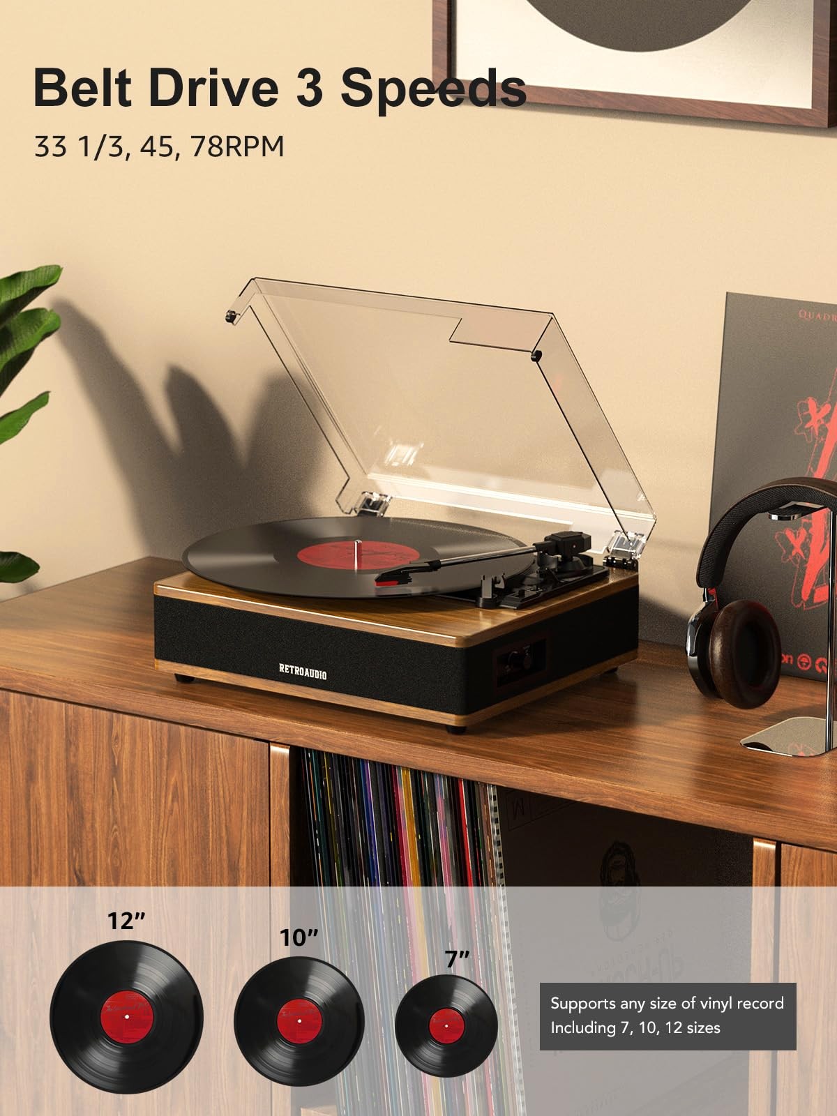 Vinyl Record Player Bluetooth Turntable with Built in Stereo Light Walnut