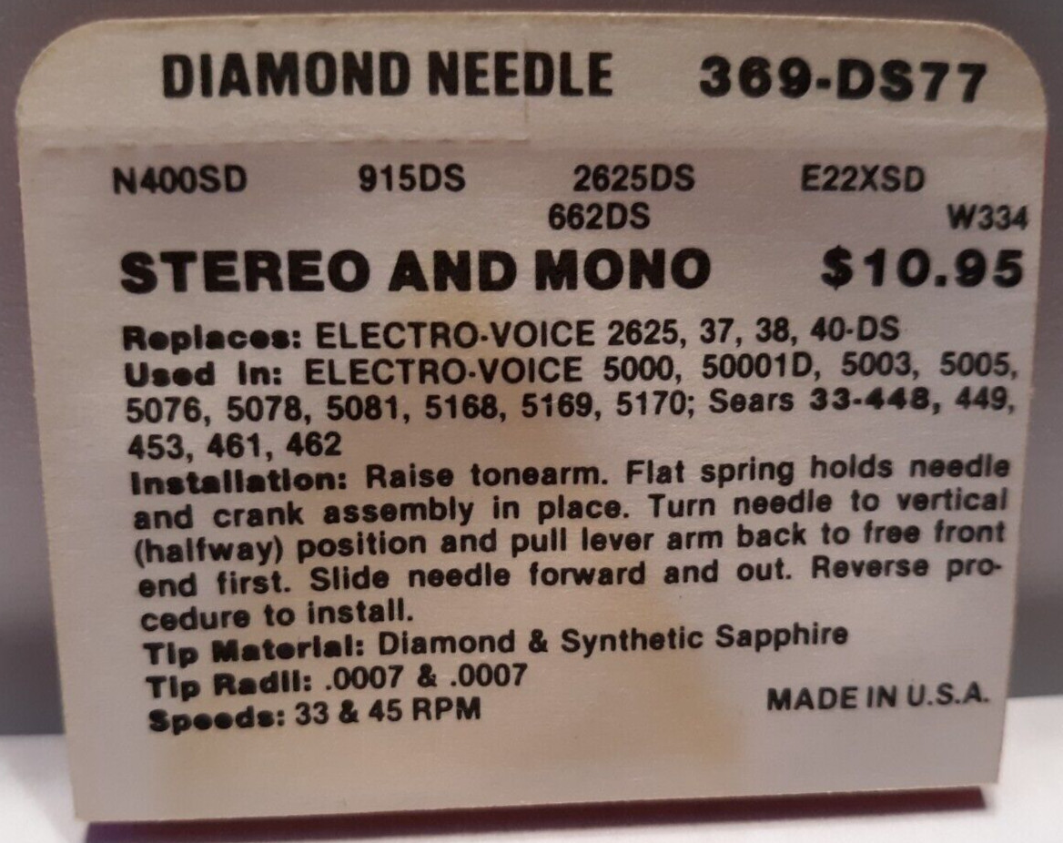 Superb diamond record need 369-DS77 replaces Electro-Voice 2625, 37, 38, 40-DS