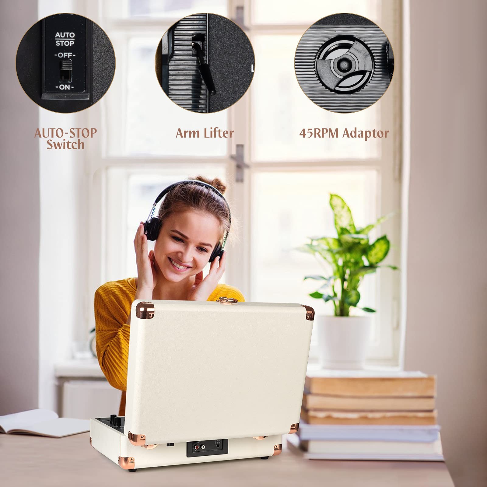 Turntable Vinyl Record Player 3-Speed Suitcase Portable Belt-Driven White
