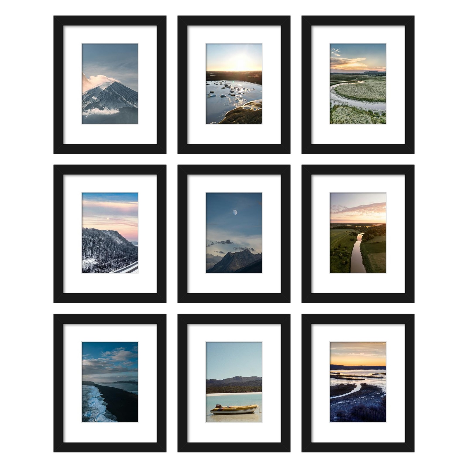 Wiscet 8×10 Picture Frame Set of 9, Display Pictures 5×7 with Mat 8×10, Black