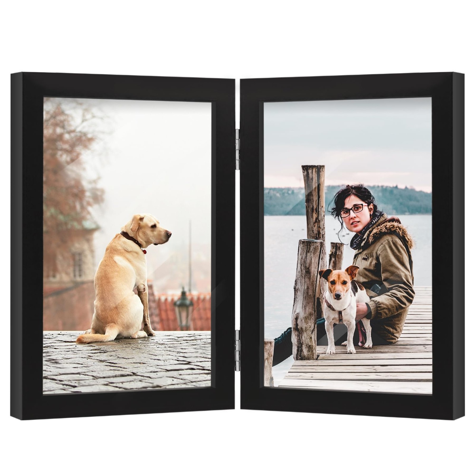 FOREV 4×6 Double Picture Frame Wooden Hinged Photo 4×6, Black
