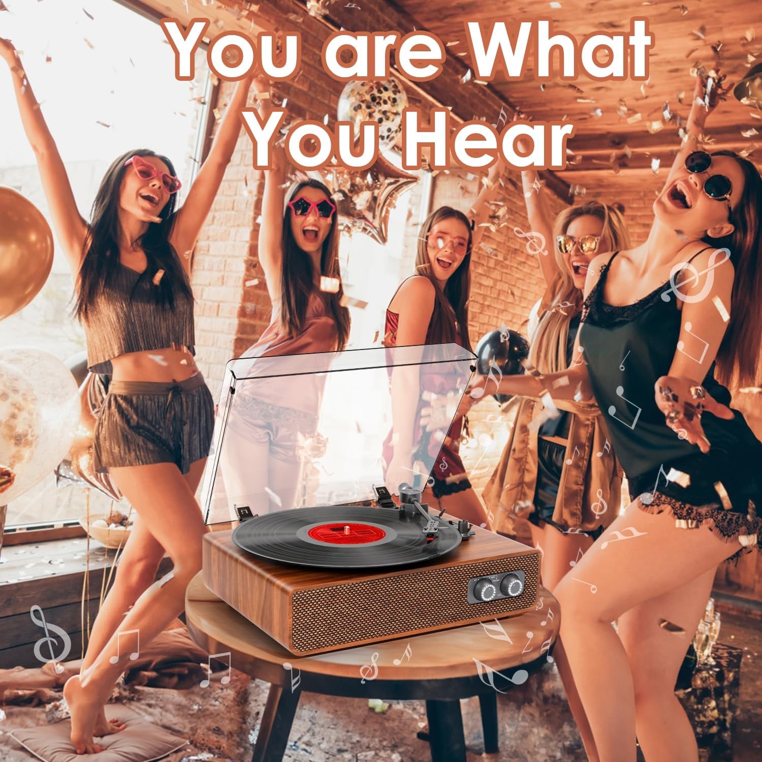 Vinyl Record Player Vintage 3 Speed Turntable Bluetooth with Upgraded Walnut