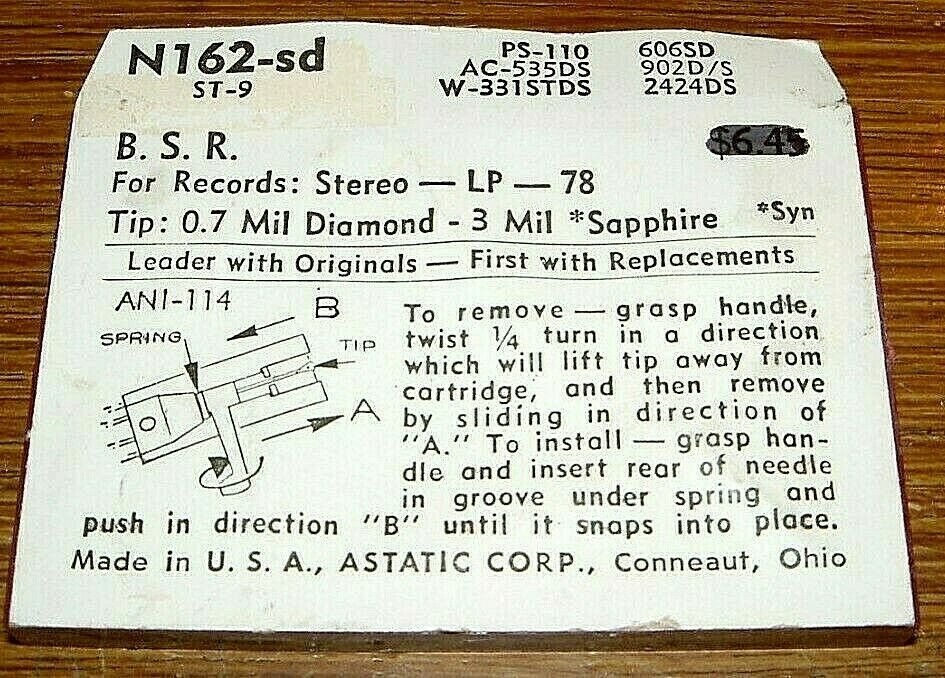 Stereo PHONOGRAPH Needle 272-SS73 for BSR ST8 – ST10 PS110 EV2424 5213DS N162