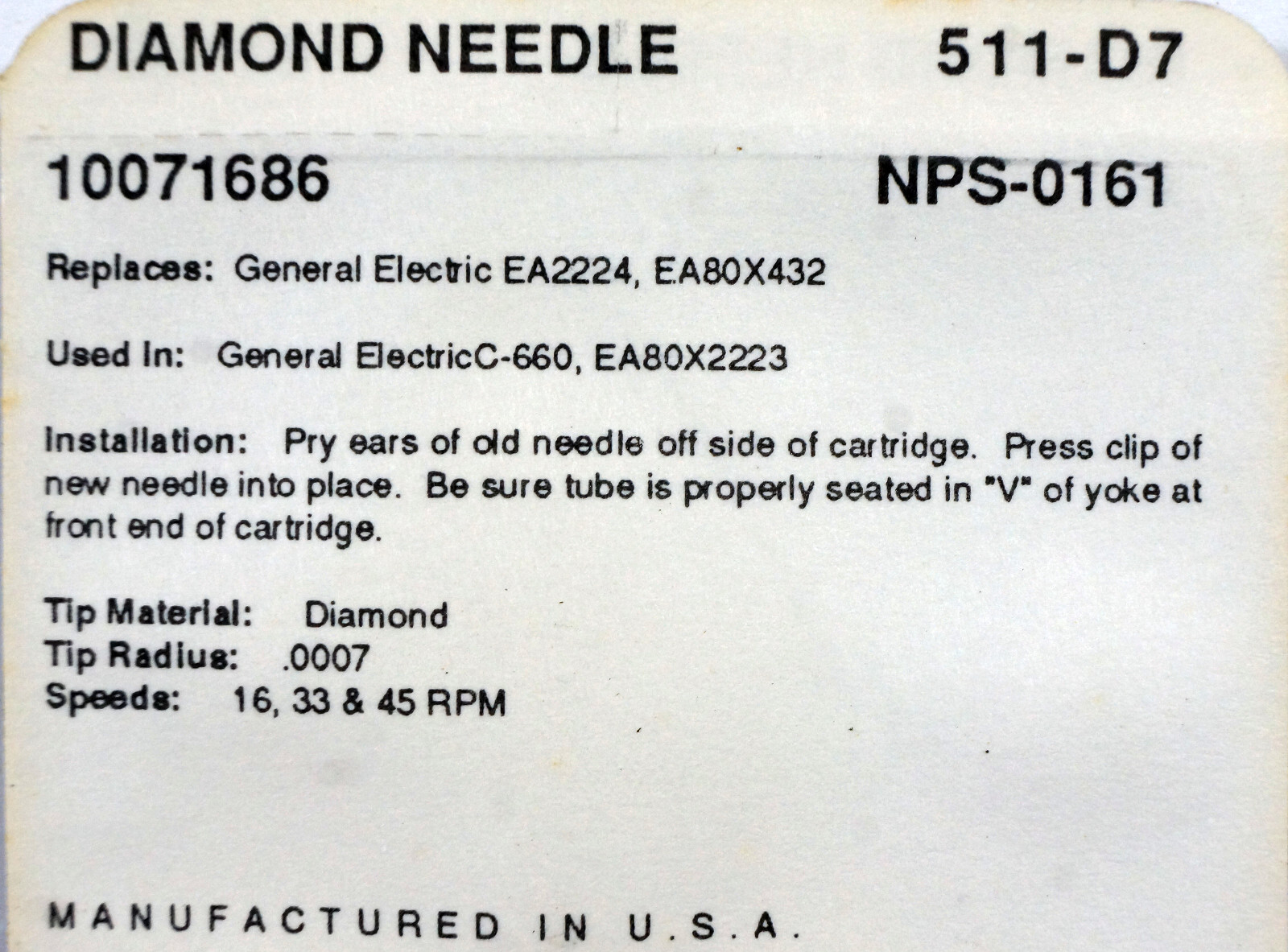 NOS PFANSTIEHL 511-D7 Diamond Needle GENERAL ELECTRIC EA2224 EA80X432 C-660